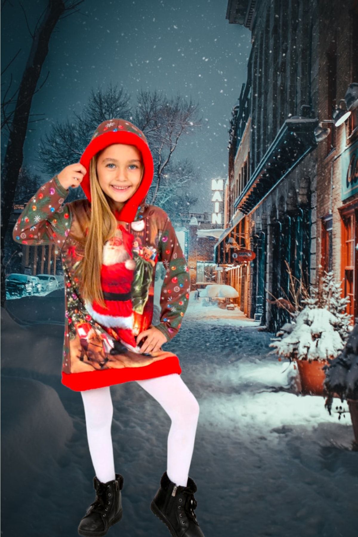 Lolliboomkids Çocuk Şardonlu Yeni Yıl Yılbaşı Noel Retro Santa Noel Baba Baskılı Kapüşonlu Peluş Detay Mini Elbise