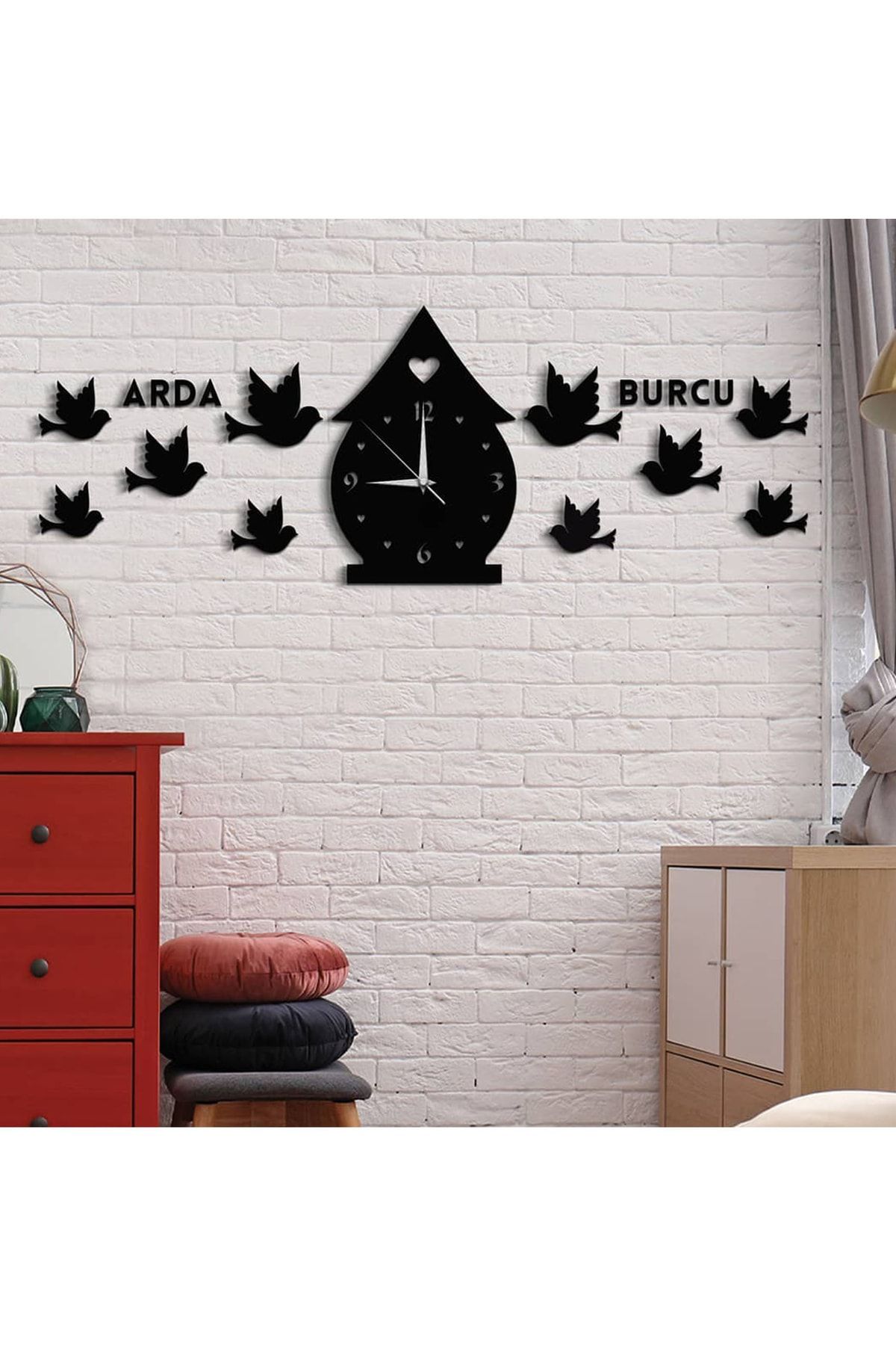 PLANET STORE Ahşap Kuş Evi Motifli Ve Duvar Saati