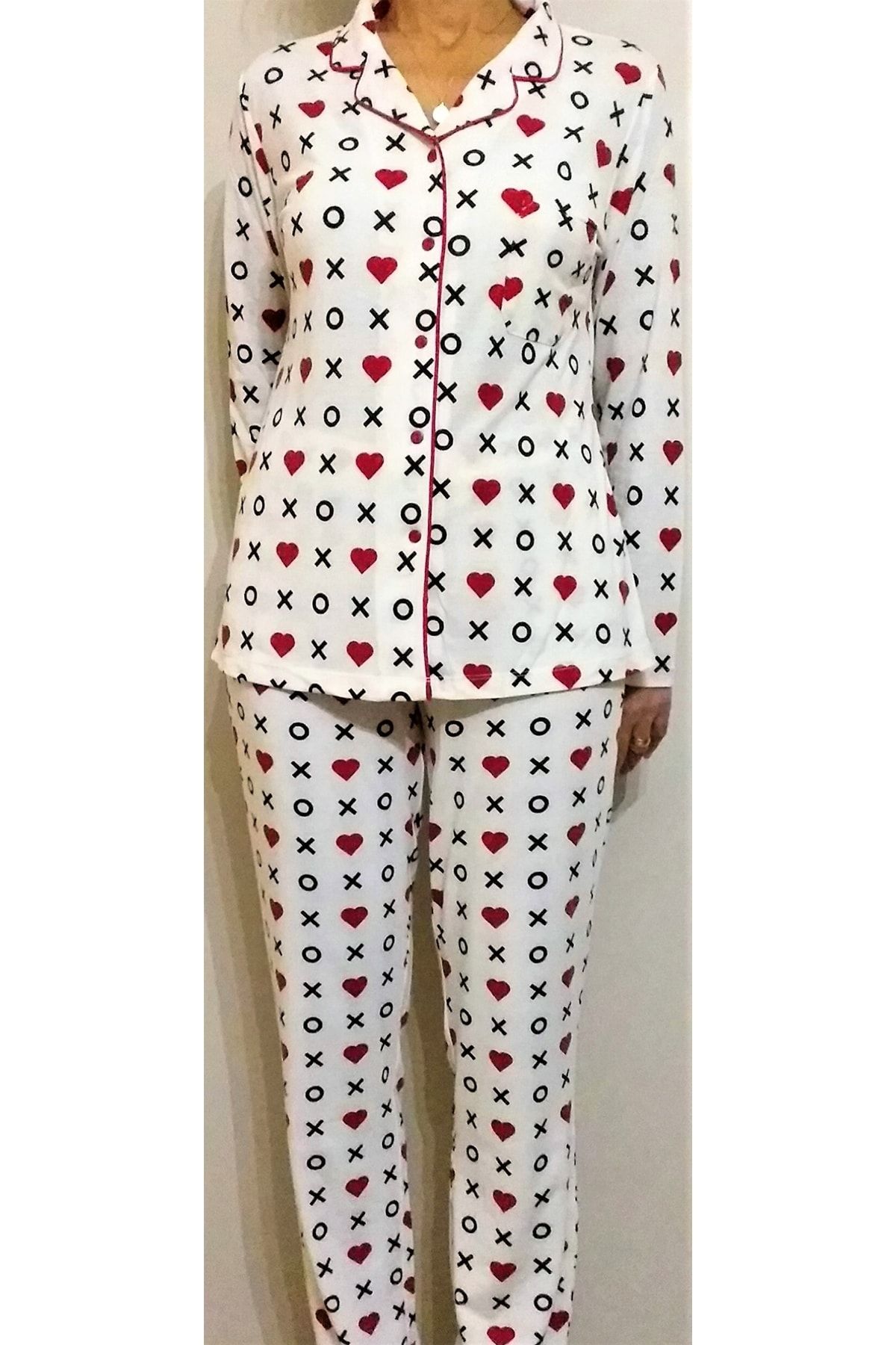 Marilyn Pijama Boy Düğmeli Pijama Takımı Kalpli.