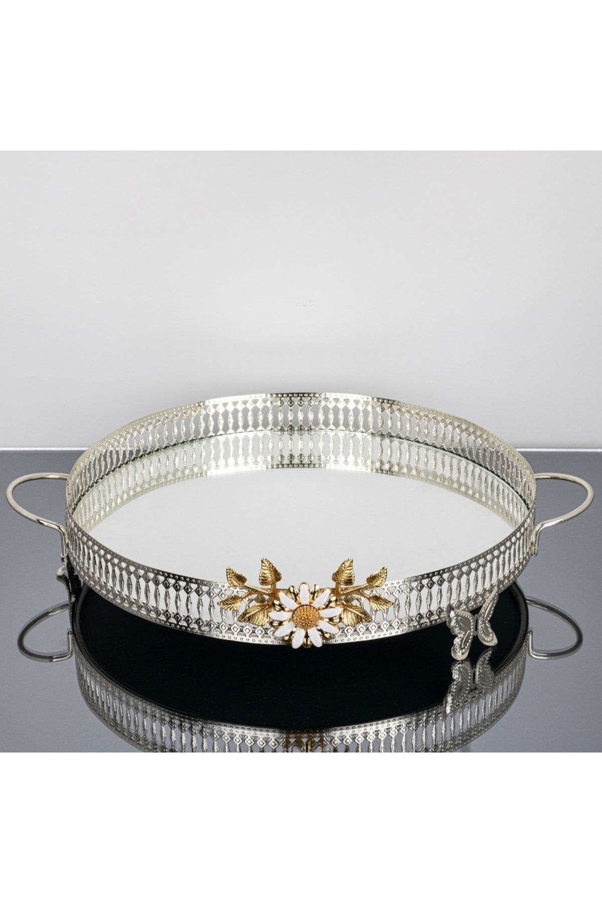 İnova Home Decor Firuze Çiçek Detaylı Gold - Gümüş Yuvarlak Aynalı Sunum - Tepsisi - Çay Tepsisi 35 Cm - Büyük Boy
