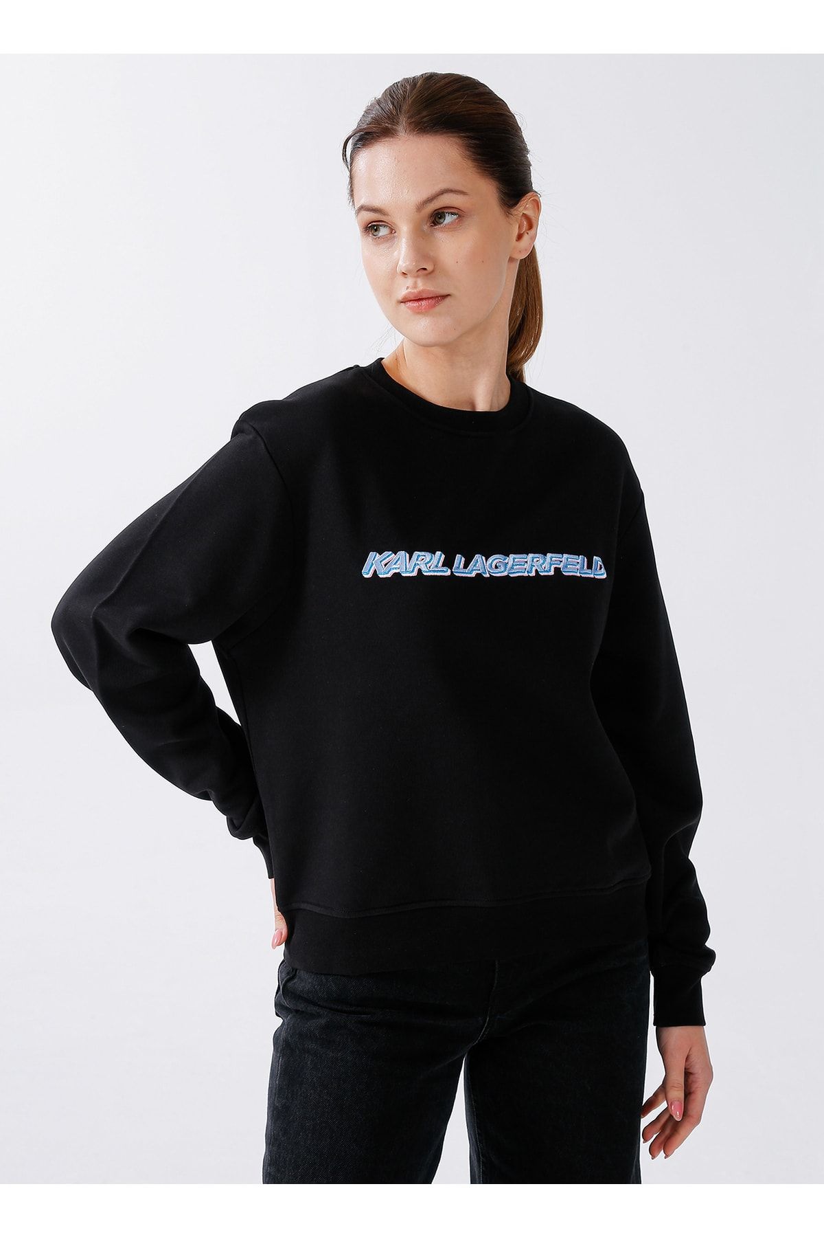 Karl Lagerfeld Bisiklet Yaka Baskılı Siyah Kadın Sweatshirt 225w1804