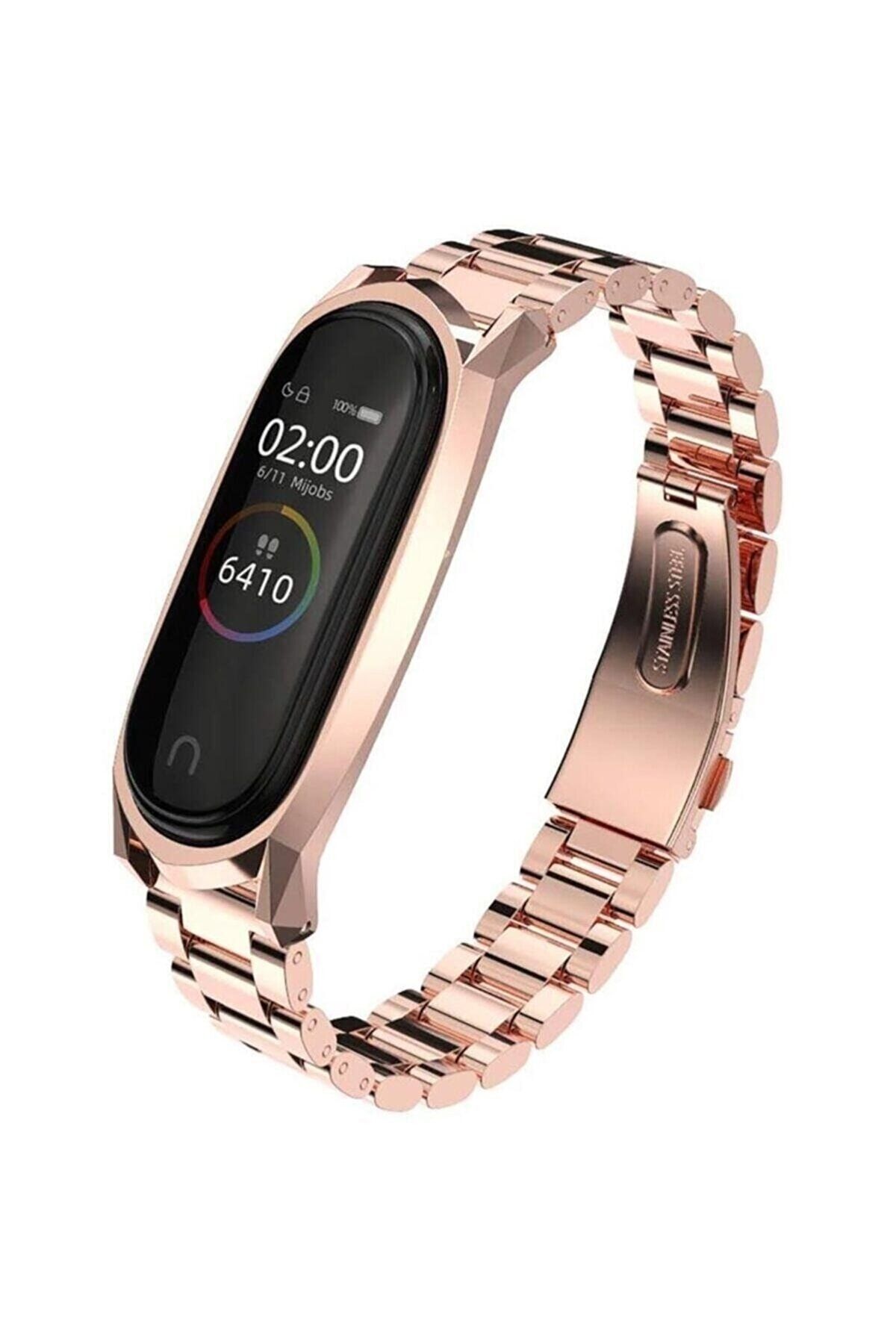 Nezih Case Xiaomi Mi Band 5 Ve Mi Band 6 Uyumlu Metal Paslanmaz Çelik Baklalı Kordon Rose Gold