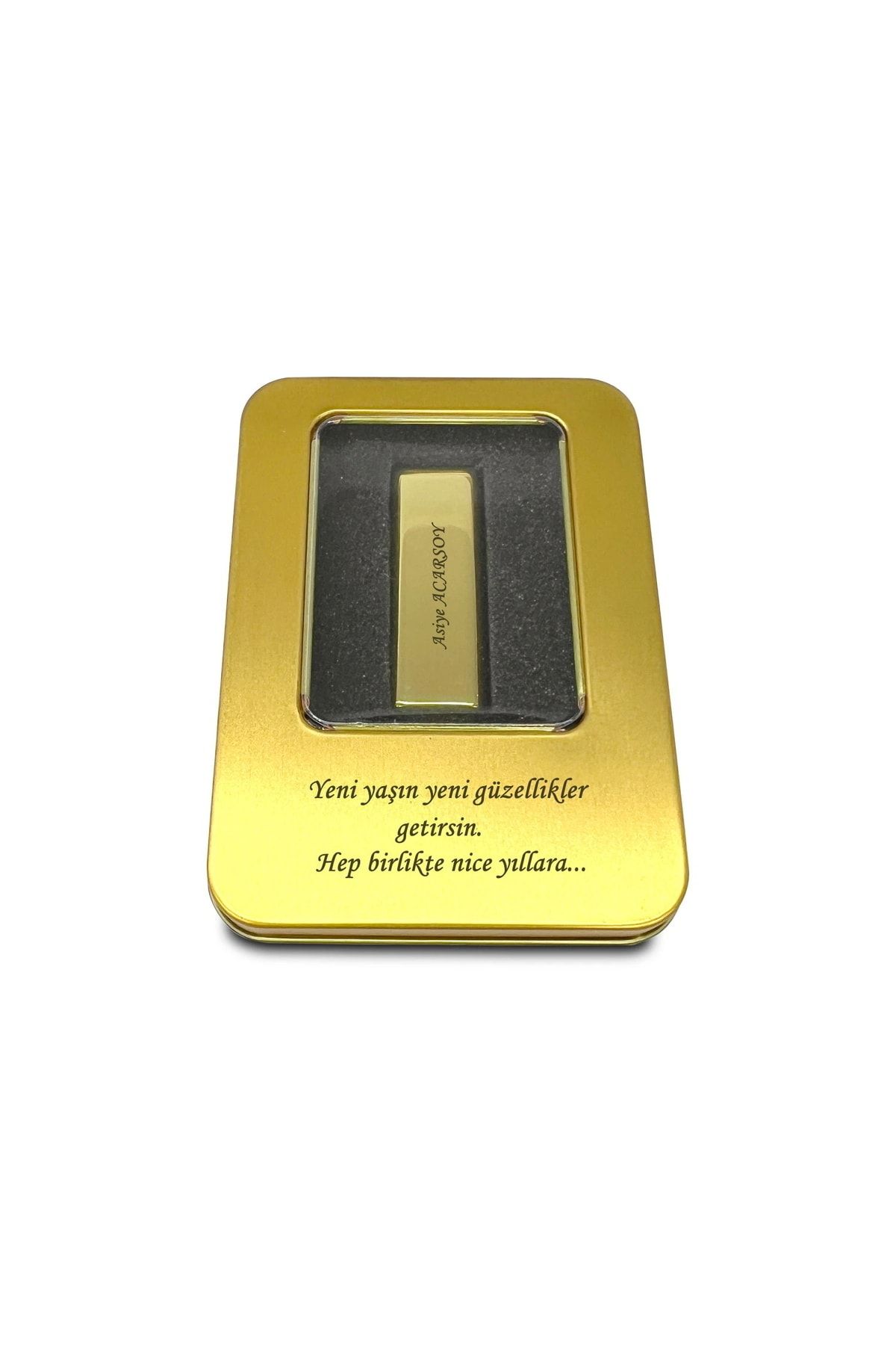 HediyesiBizden Kişiye Özel Isim Baskılı Metal Gövdeli Metal Kutulu Gold Altın Külçe 64gb Usb Bellek