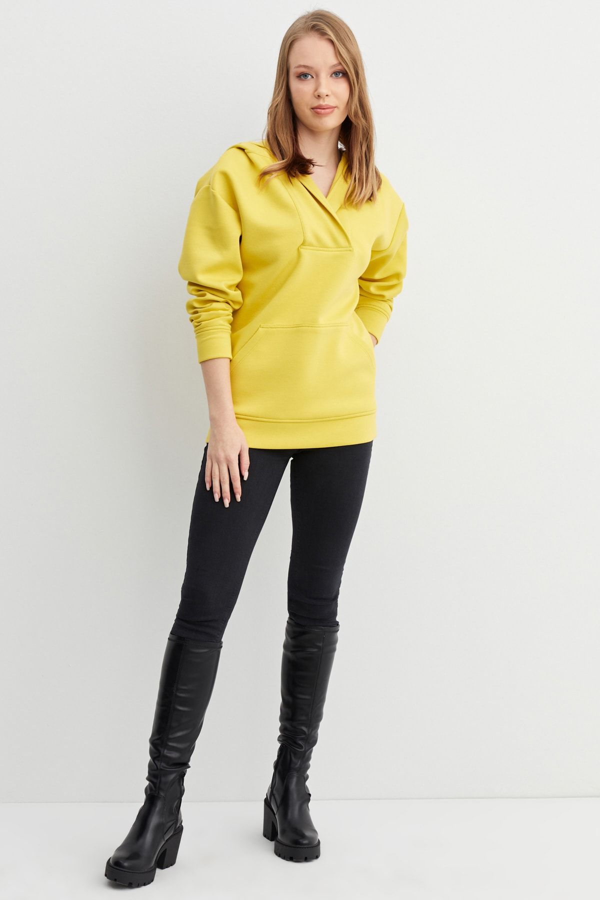 Hanna's Kadın Sarı Kapüşon Detaylı Kanguru Cepli Sweatshirt