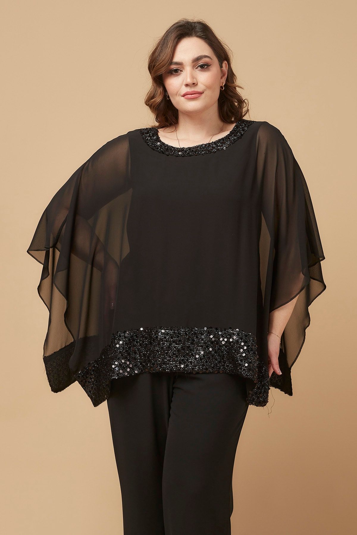 Moda Alba Siyah Yaka Ve Bluz Ucu Pul Işlemeli Pelerin Kadın Büyük Beden Şık Bluz