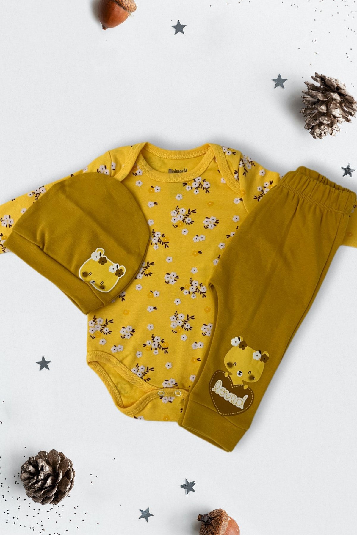 Miniworld Kumy Baby Kids Kız Bebek Hastane Çıkışı Set Hardal Sarı Çiçek Desenli Pamuk 3lü Takım 3-9 Ay