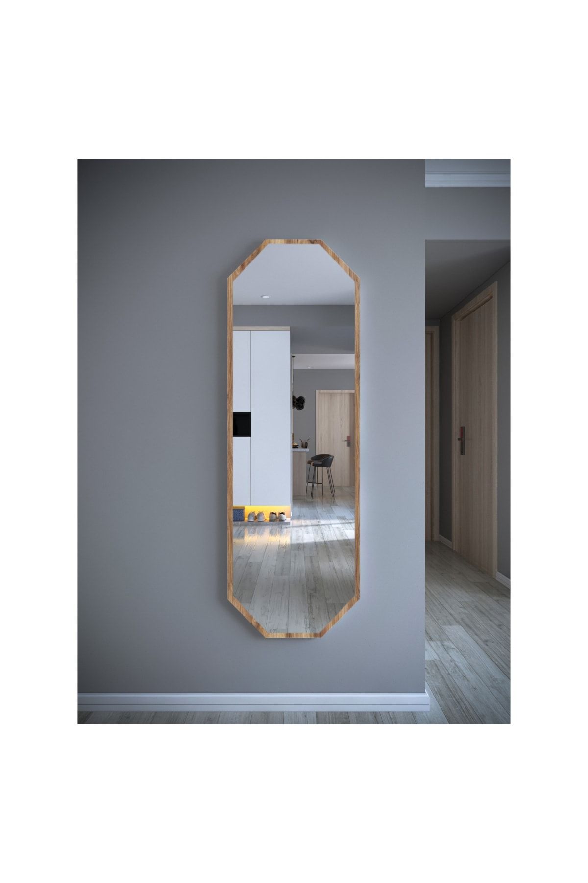 nysamo Tarz Design Kemence Ceviz Sekizgen Dekoratif Boy Aynası 150x50cm