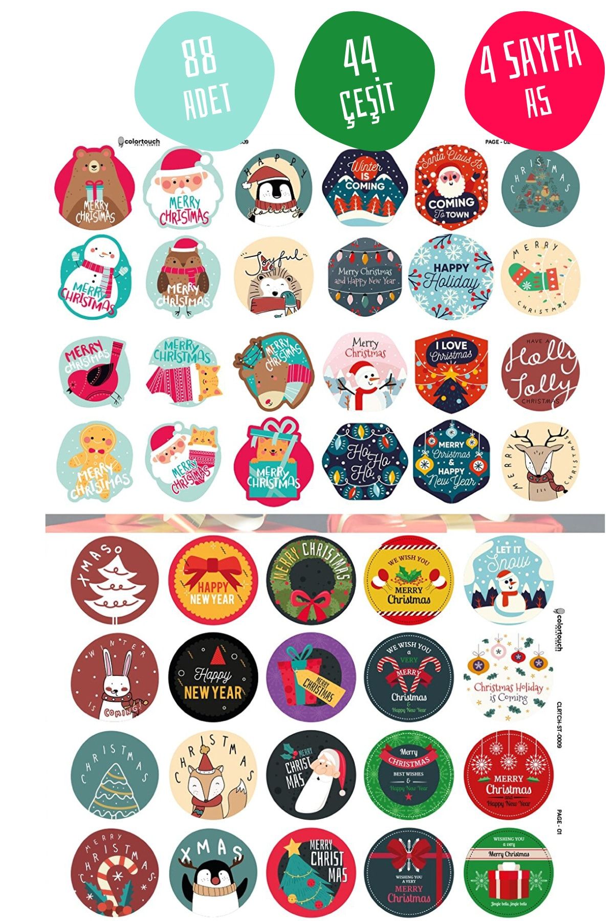 colortouch Yılbaşı Temalı Sticker , Hediye Paketi Etiket Yılbaşı Stickertoplam 88 Adet 44 Farklı Çeşit