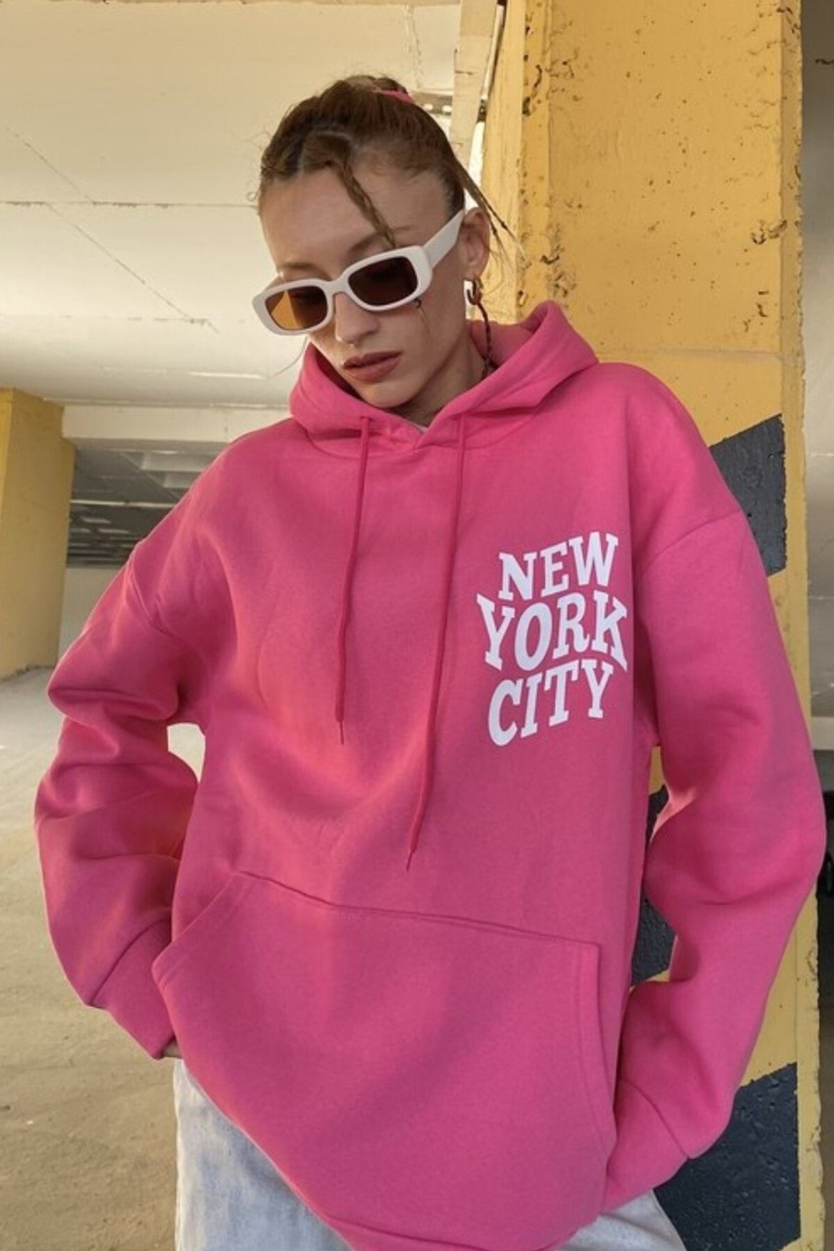 MODAGEN Kadın Pembe New York City Baskılı Kapüşonlu Oversize Sweatshirt