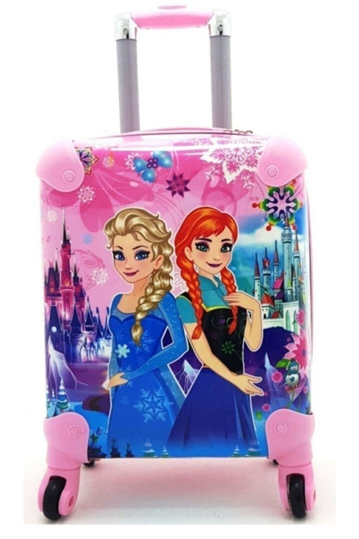 QUEEN AKSESUAR Elsa Anna Karlar Ülkesi Frozen Desenli Çocuk Valizi Çekçek Tekerlekli Pembe Bavul