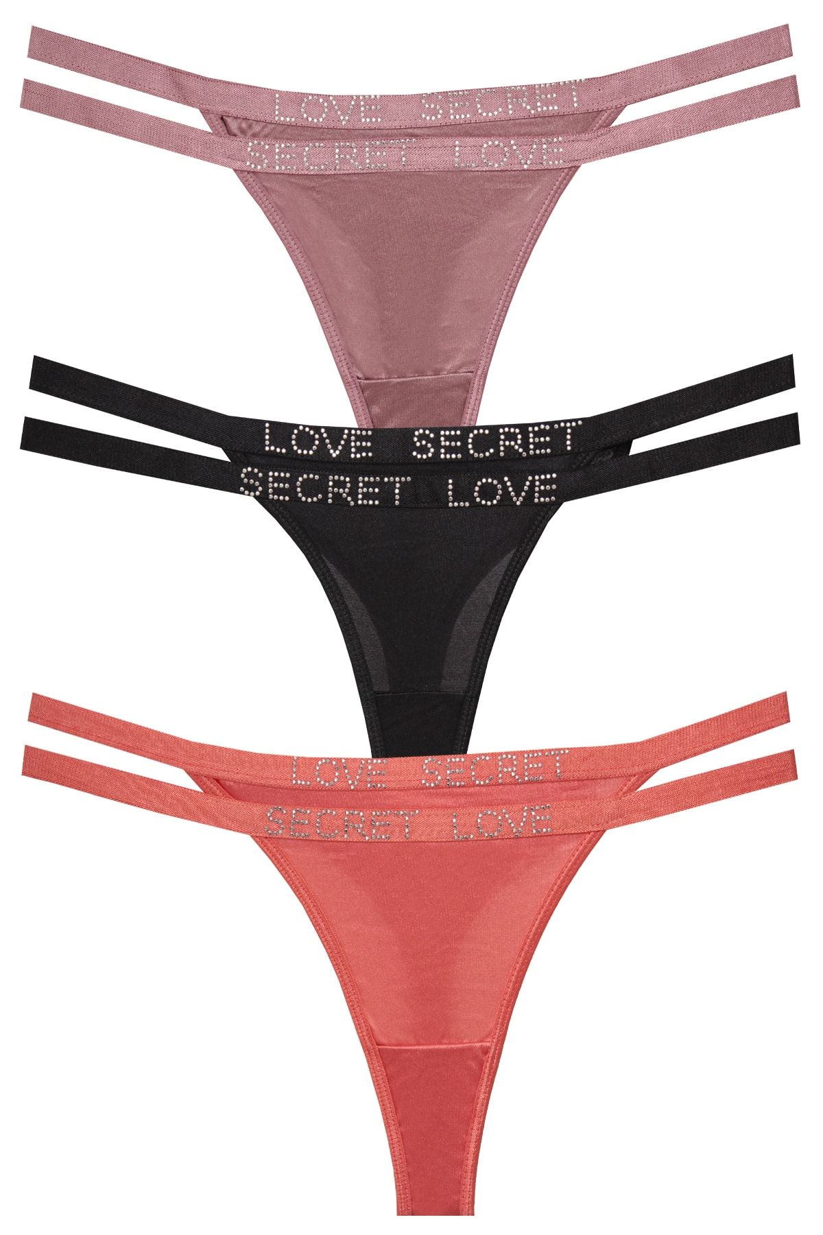 papatya lingerie 3''lü Love Secret Yazılı Beli Çift Lastikli String