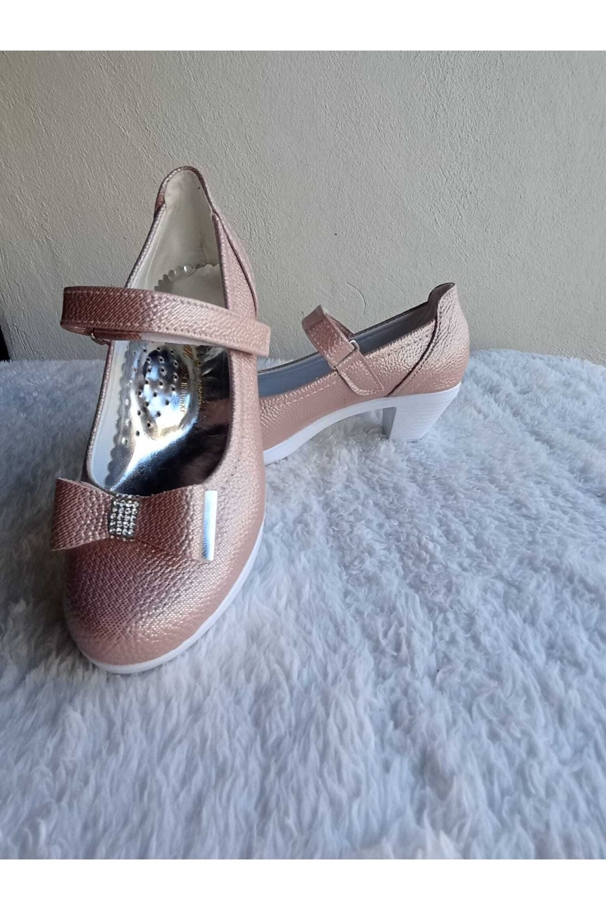 Sare Çocuk Giyim Kız Çocuk Pembe Dokulu Fiyonk Topuklu Abiye Ayakkabı