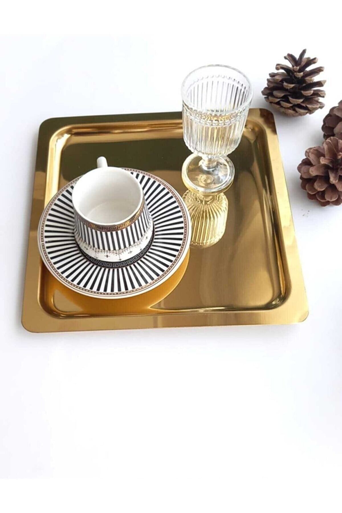Gaios Design 6'lı Lüx Gold Altın Kare Paslanmaz Çelik Kahve Servis Sunum Tepsi & Tabağı (21x21cm)