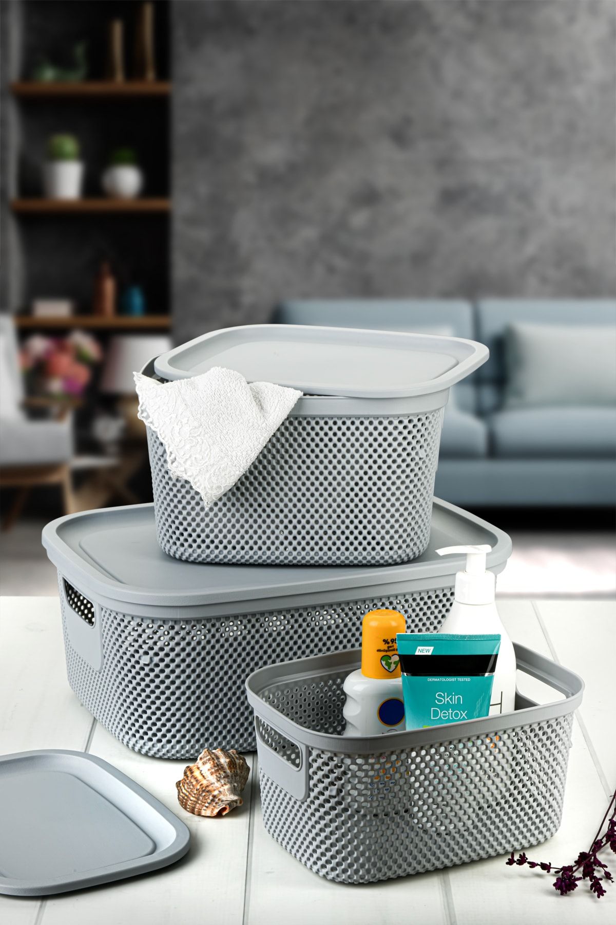 Pazarika 3 Boy Çok Amaçlı Kapaklı Sepet Kutu Organizer / Xl Çamaşır Sepeti - L Banyo Sepeti - M Organizer