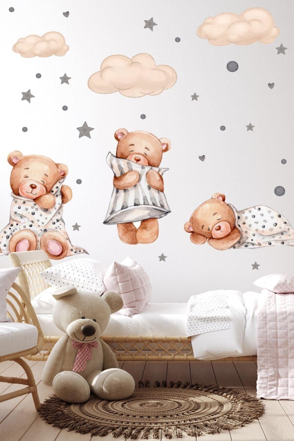 Genel Markalar 3'lü Uyuyan Ayıcık Bulutlar Ve Yıldızlar Çocuk Bebek Odası Sticker Seti