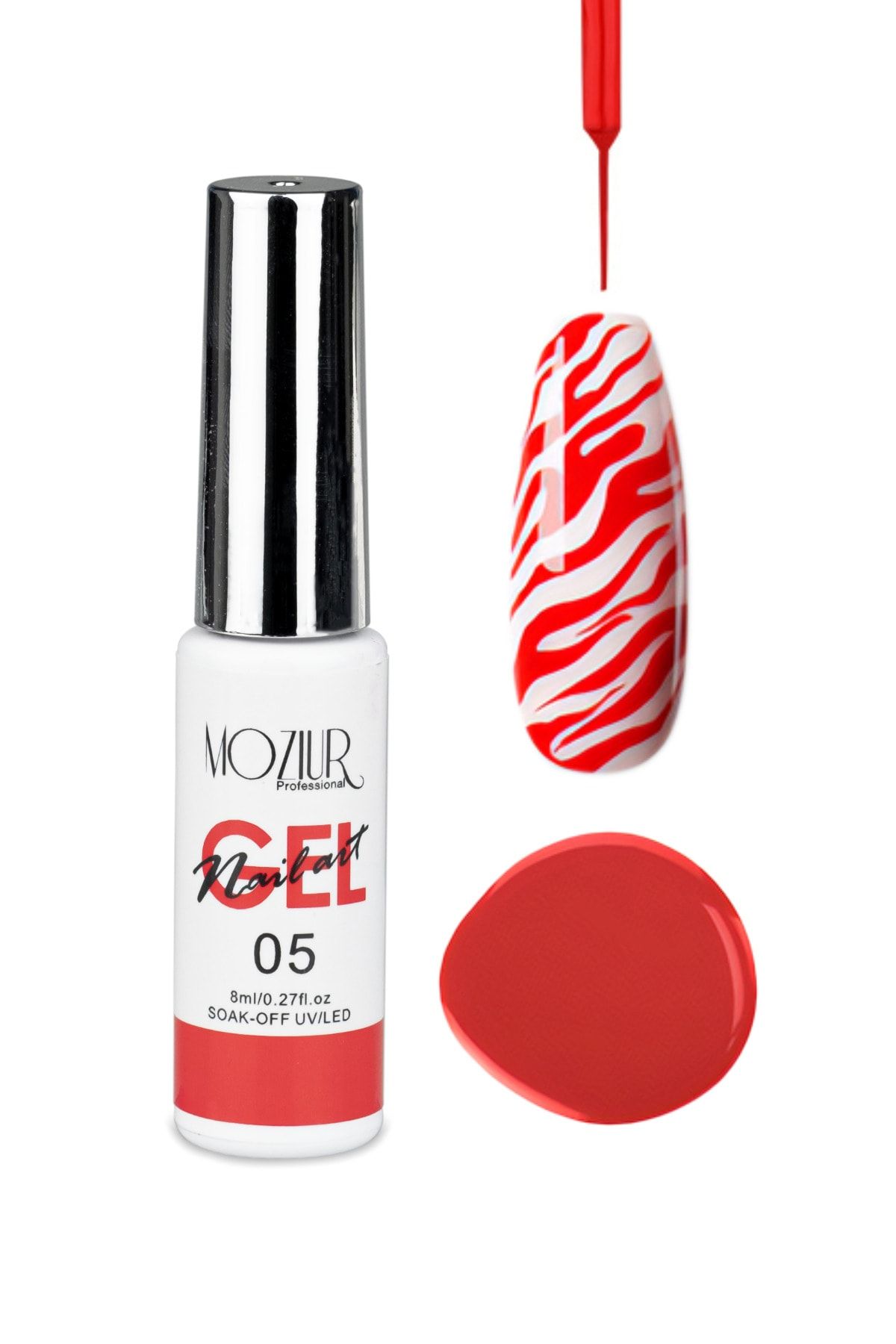 MOZIUR Nail Art Jel (RED) - Ince Fırçalı Tırnak Süsleme Jeli 8ml