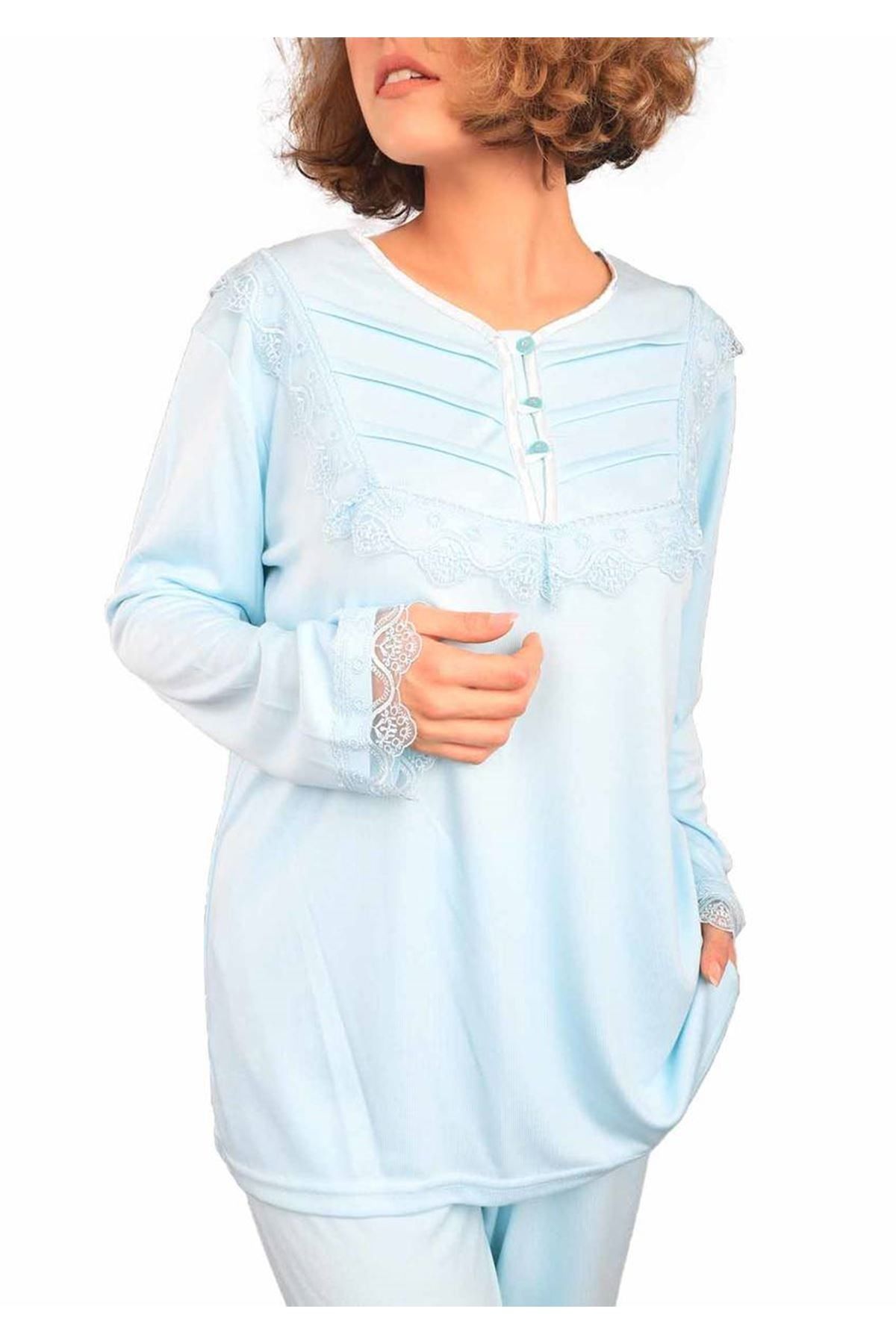 MODABULUT Mecit Yakası Düğmeli Güpür Detaylı Pijama Takımı 1441 | Turkuaz