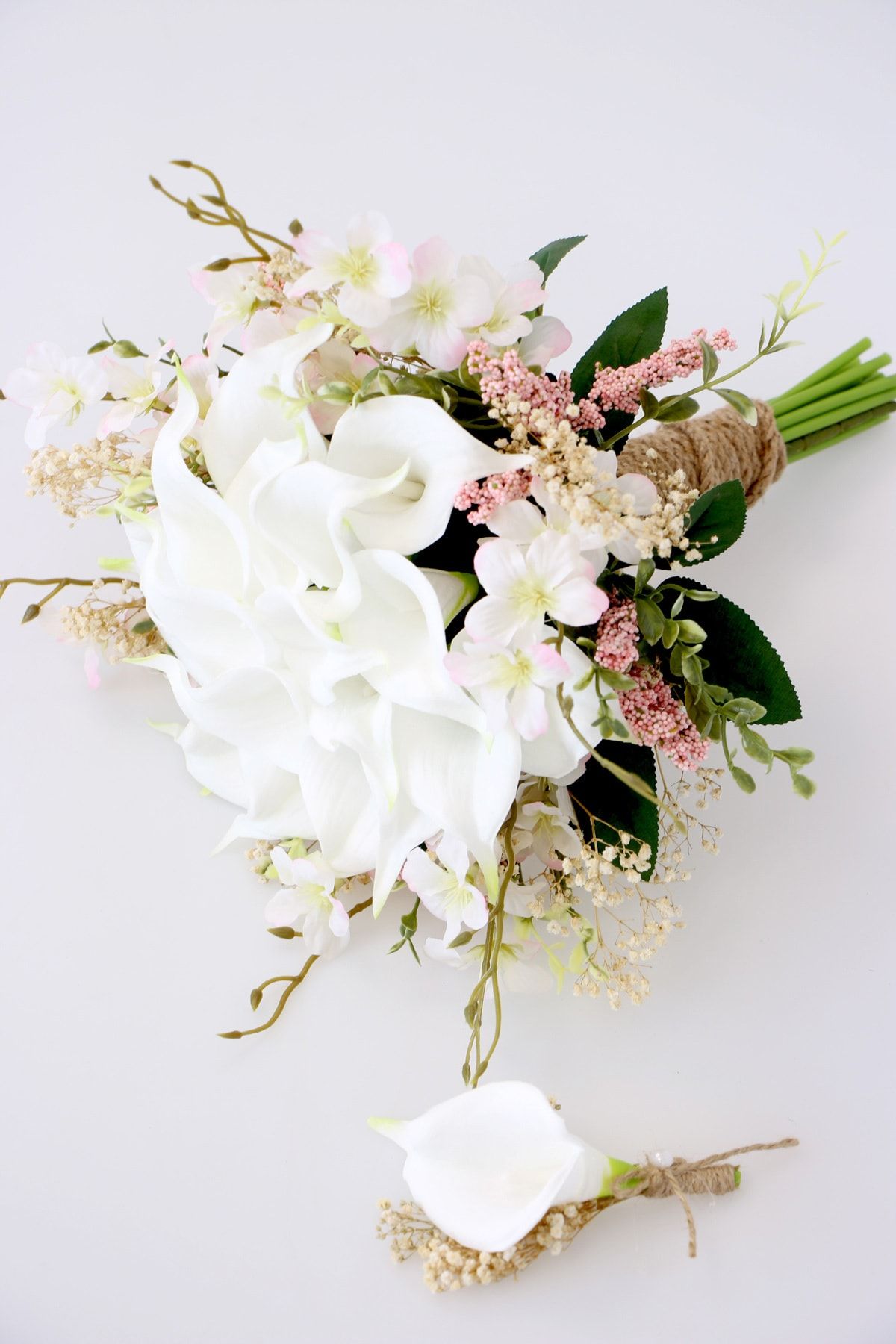 Yapay Çiçek Deposu Gelin Buketi Lüx Serisi Beyaz Gala Pembe Serüveni 2li Set