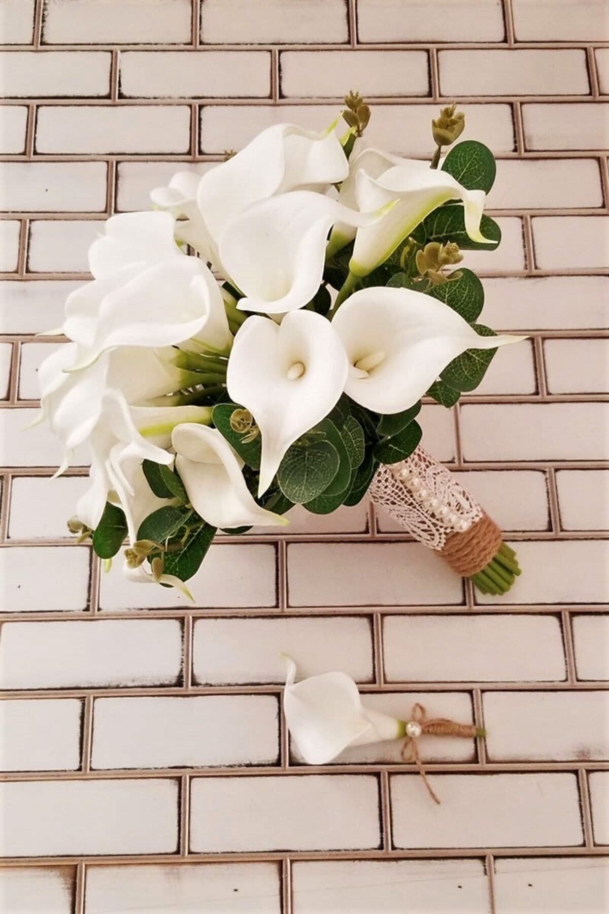 Yapay Çiçek Deposu Gelin Buketi Elit Islak Gala 2li Set Beyaz