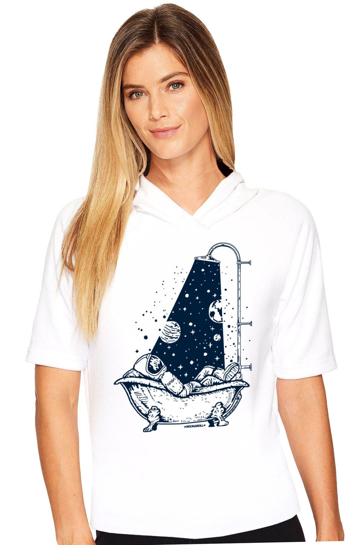 ROCKANDROLL Astro Duş Beyaz Kapşonlu Kısa Kollu Kadın T-shirt