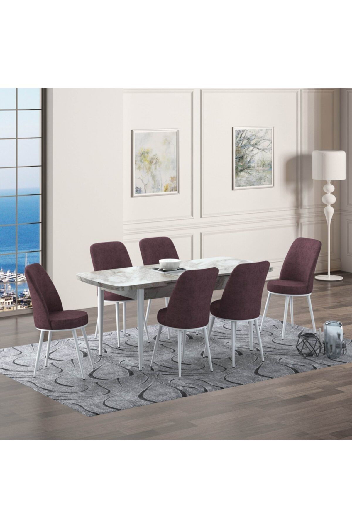 GÜVEN MASA SANDALYE 6 Sandalyeli Efes Mermer Modeli Yemek Masası Ve Oval Gold Gül Kurusu Renk Sandalye Takımı Takımı