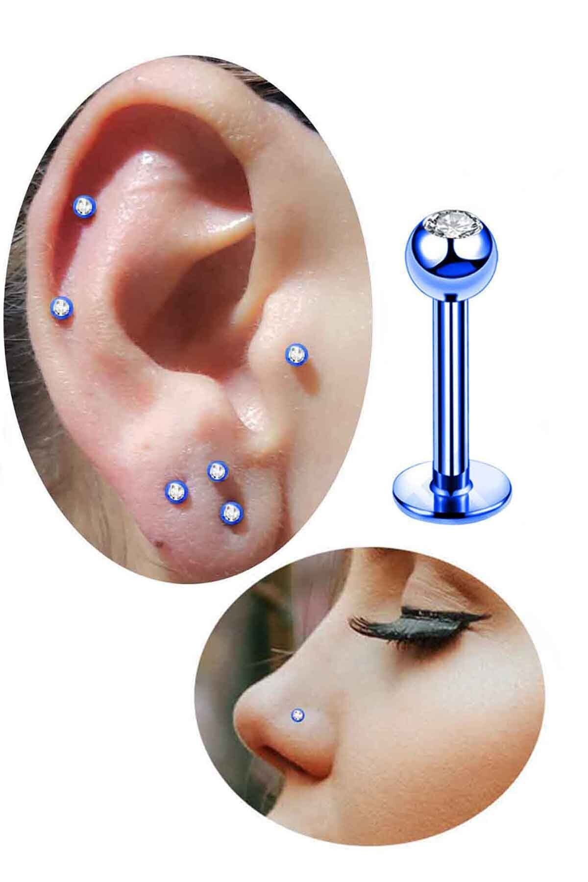 Cadının Dükkanı Cerrahi Çelik Taşlı Mavi Kulak-dudak-burun Piercing (bar Uzunluğu 8 Mm)