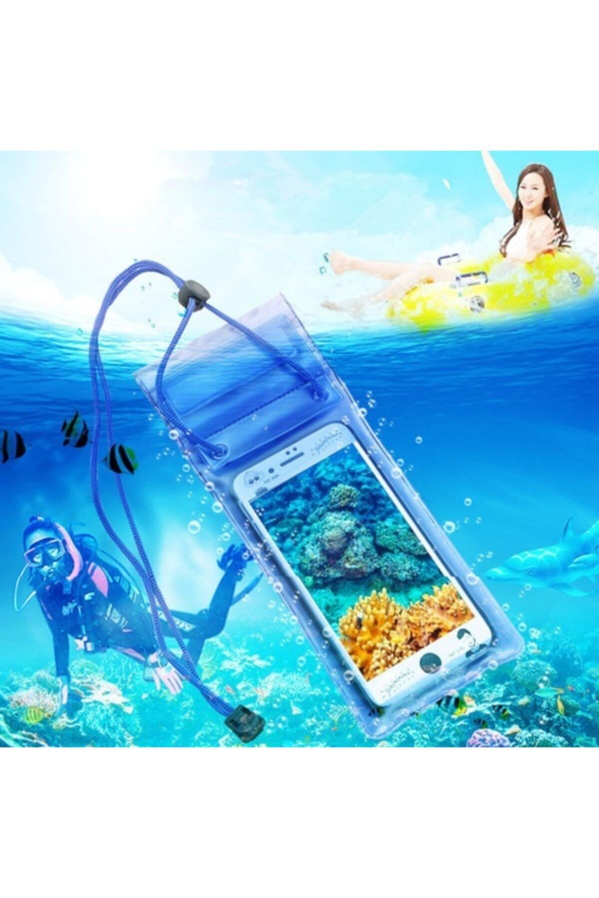 NETAVANTAJ Su Altı Çekimi Su Geçirmez Şeffaf Kilitli Mavi Cep Telefonu Kılıfı