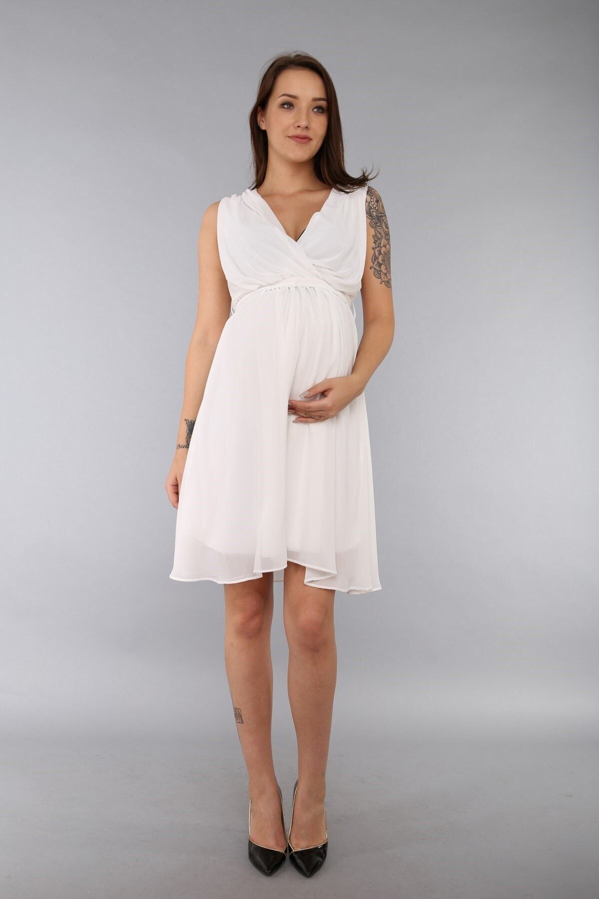 Gör Sin Hamile Babyshower Kolsuz Şifon Elbise Beyaz Ty8222