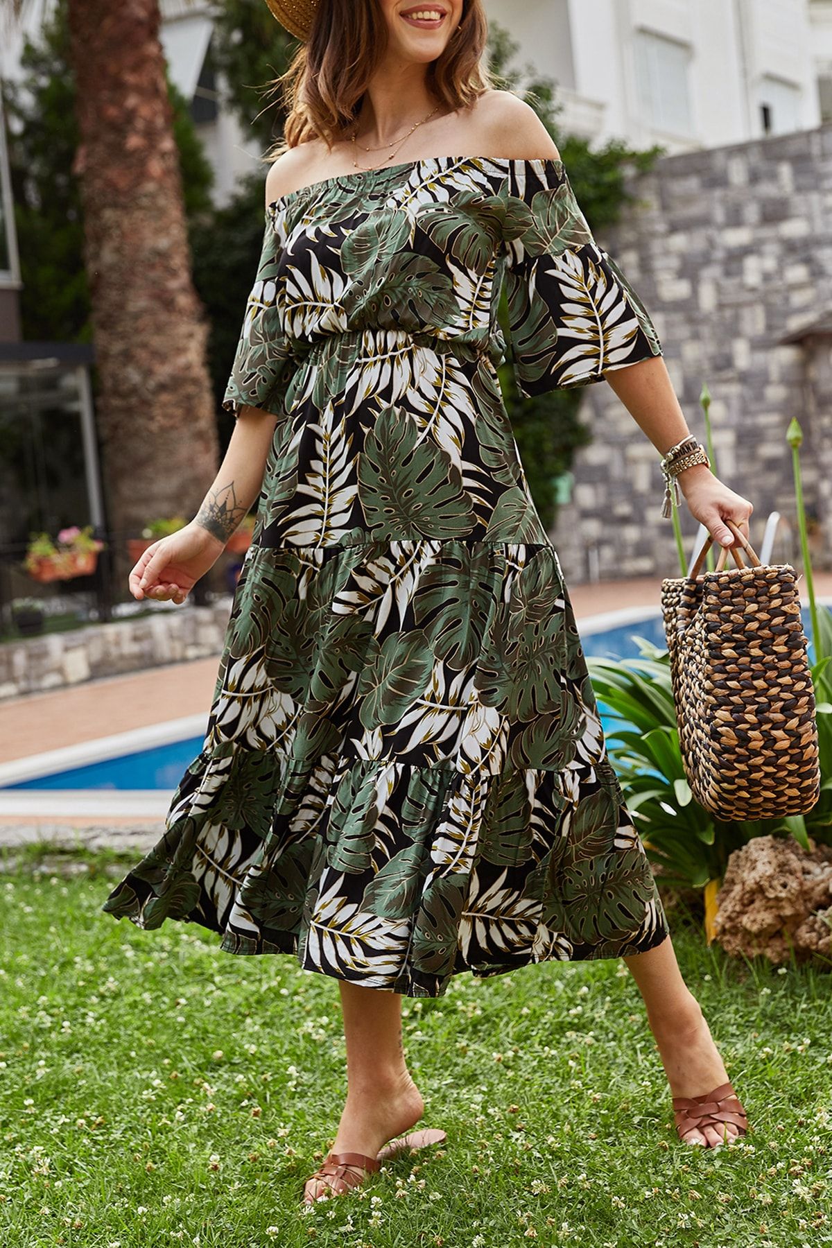 XHAN Kadın Yeşil Tropik Desenli Straplez Elbise 9YXK6-41303-08