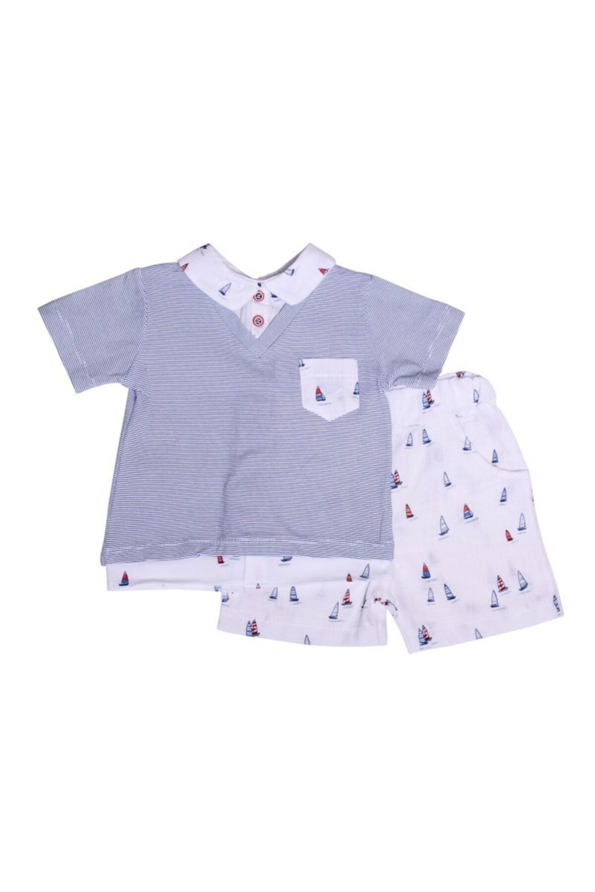 Luggi Baby Erkek Keten Kısa Kollu Gömlek & Keten Beyaz Cepli Şort Takım Lgb-5104