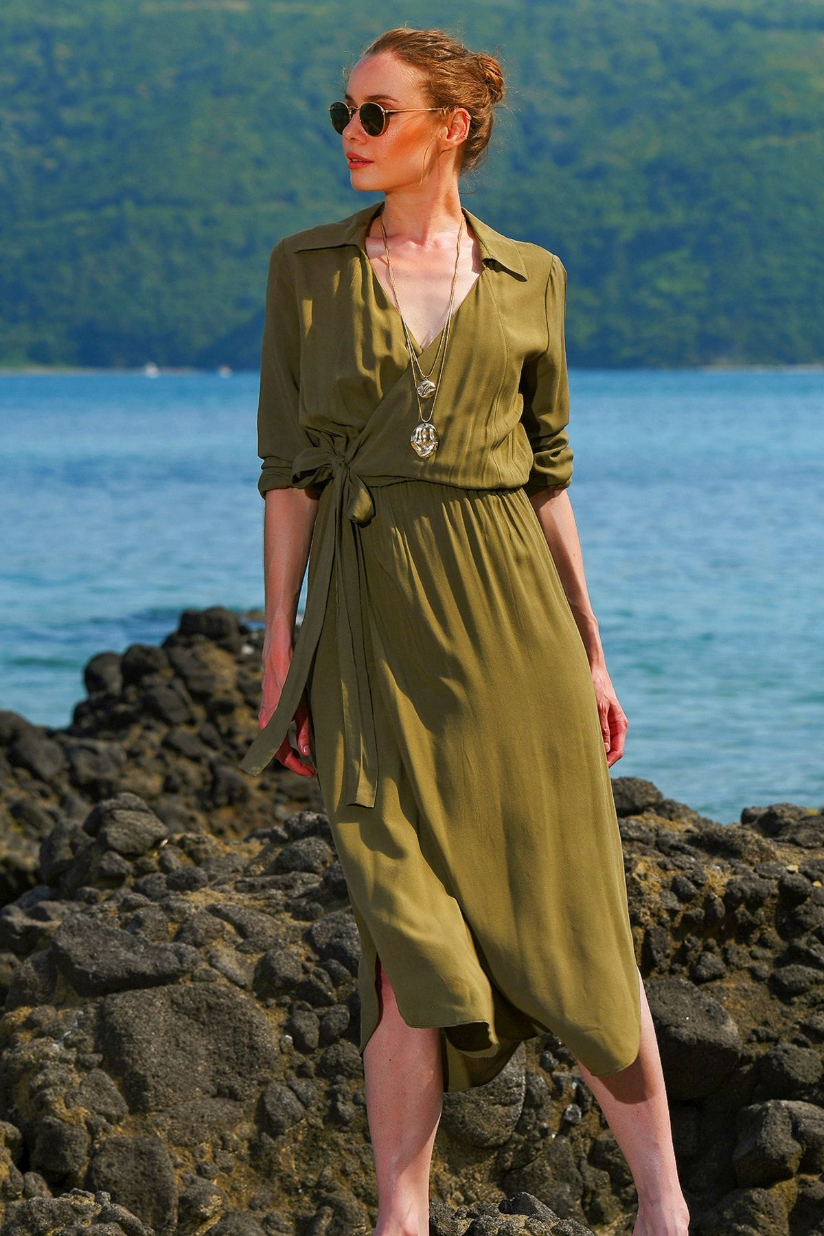 Trend Alaçatı Stili Kadın Haki Gömlek Yaka Kruvaze Dokuma Elbise Dnz-3154-Rw1