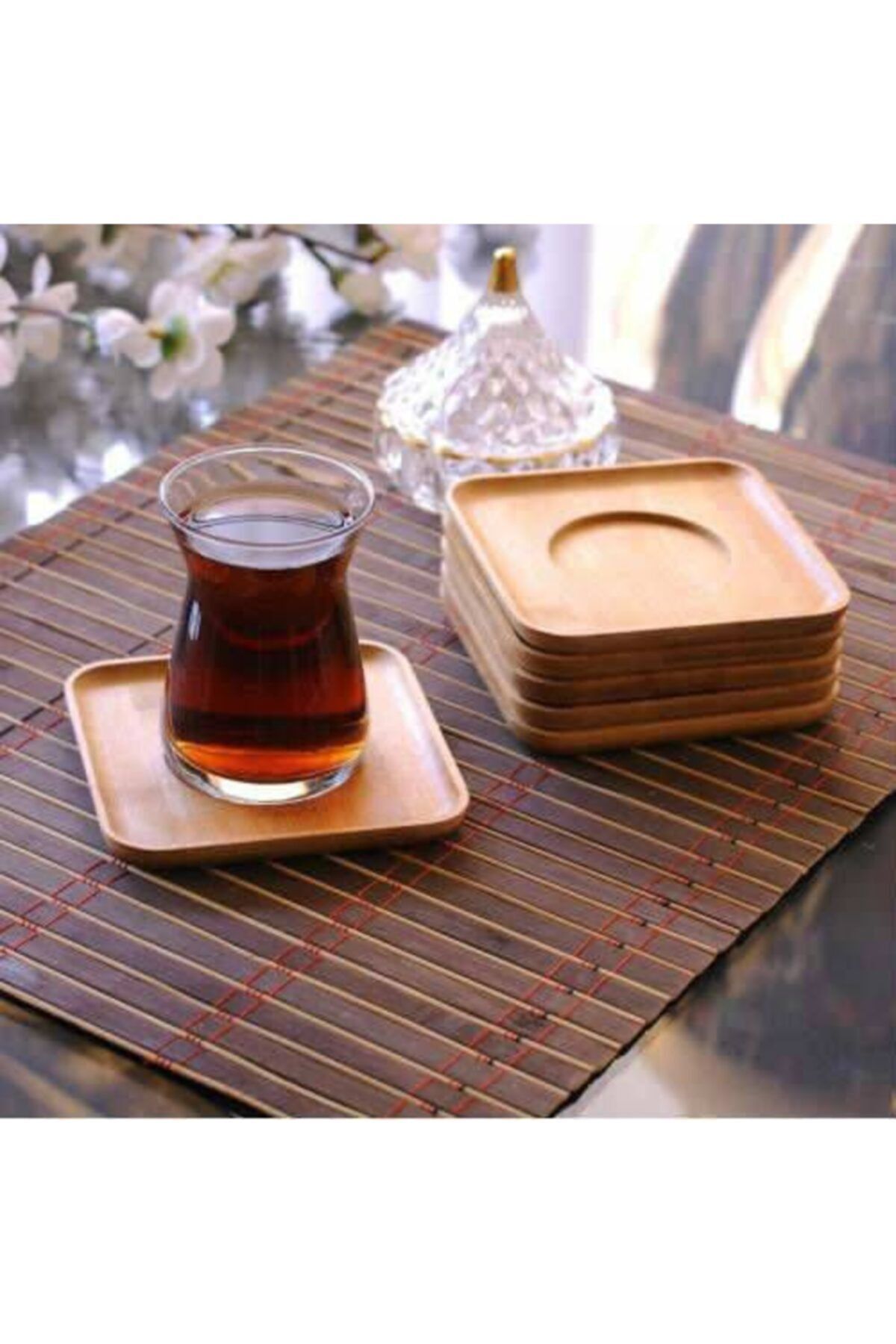 Genel Markalar Bambu Çay Tabağı 6'lı Bardak Altlığı Ahşap Organik Çay Tabağı Takımı