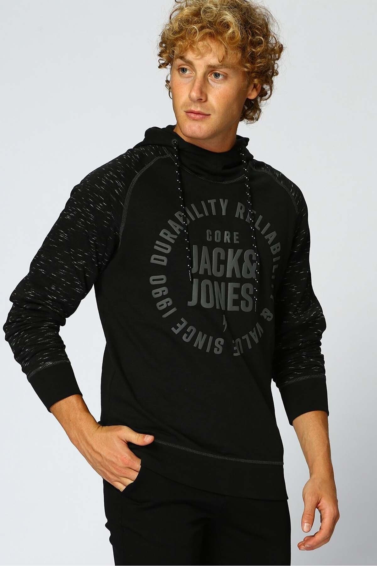 Jack & Jones Erkek Siyah Bagcıklı Kapsonlu Sınce 1990 Durabılıty Relıabılıty & Value Baskılı Sweatshirt 12143114