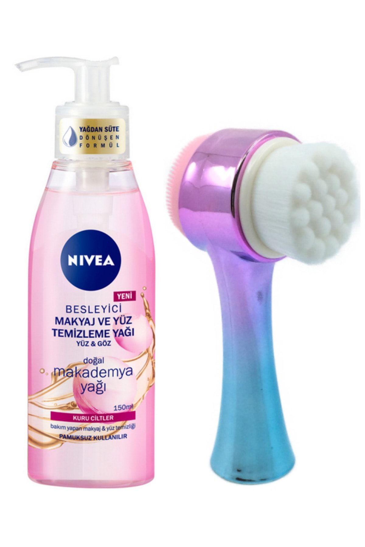 NIVEA Makyaj Ve Yüz Temizleme Yağı Kuru Ciltler 150 ml Ve Fluweel Yüz Temizleme Fırçası Turkuaz