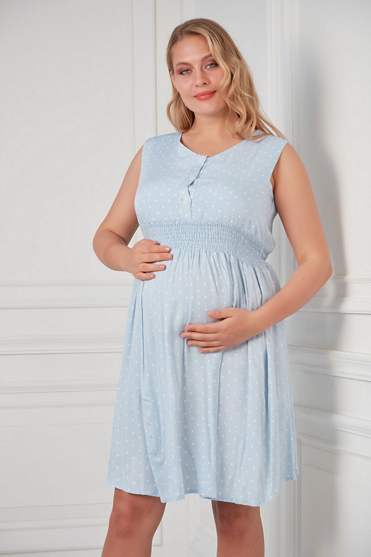 Görsin Hamile Bel Lastik Detaylı Hamile Bebe Mavi Elbise