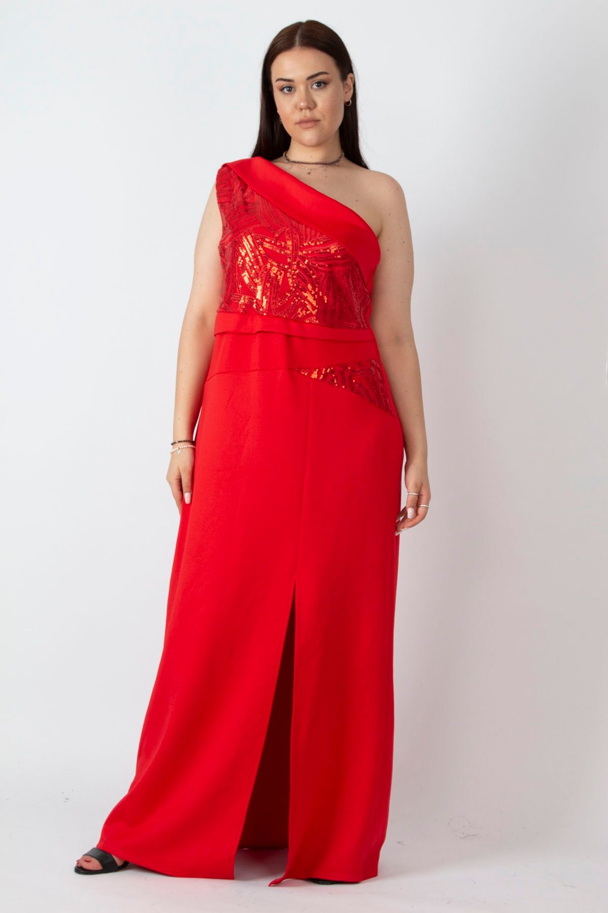 Şans Kadın Büyük Beden Kırmızı Tek Omuzlu Payet Detaylı Uzun Abiye Elbise 65n16785