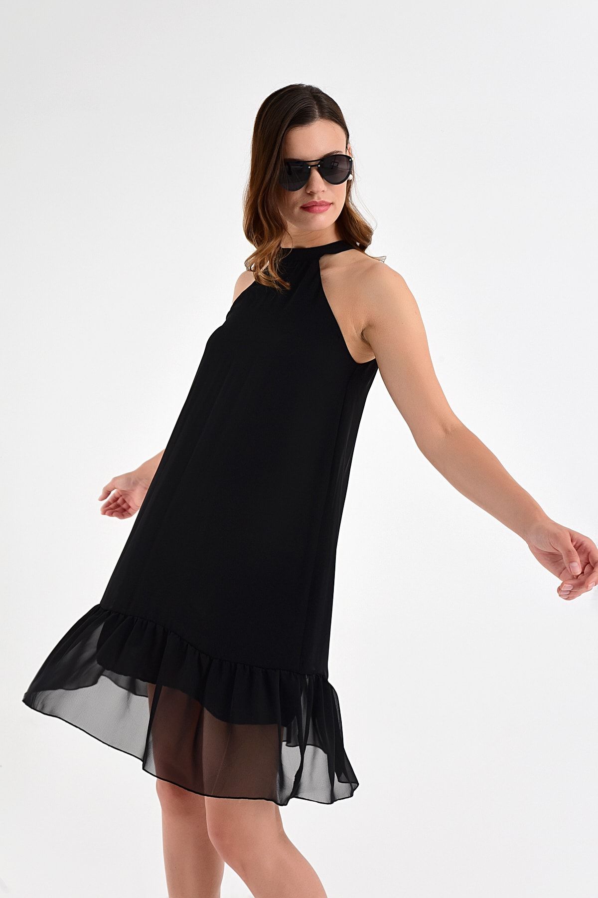 Laranor Kadın Siyah Yaka Detay Etek Ucu Volan Şifon Elbise 20L6837