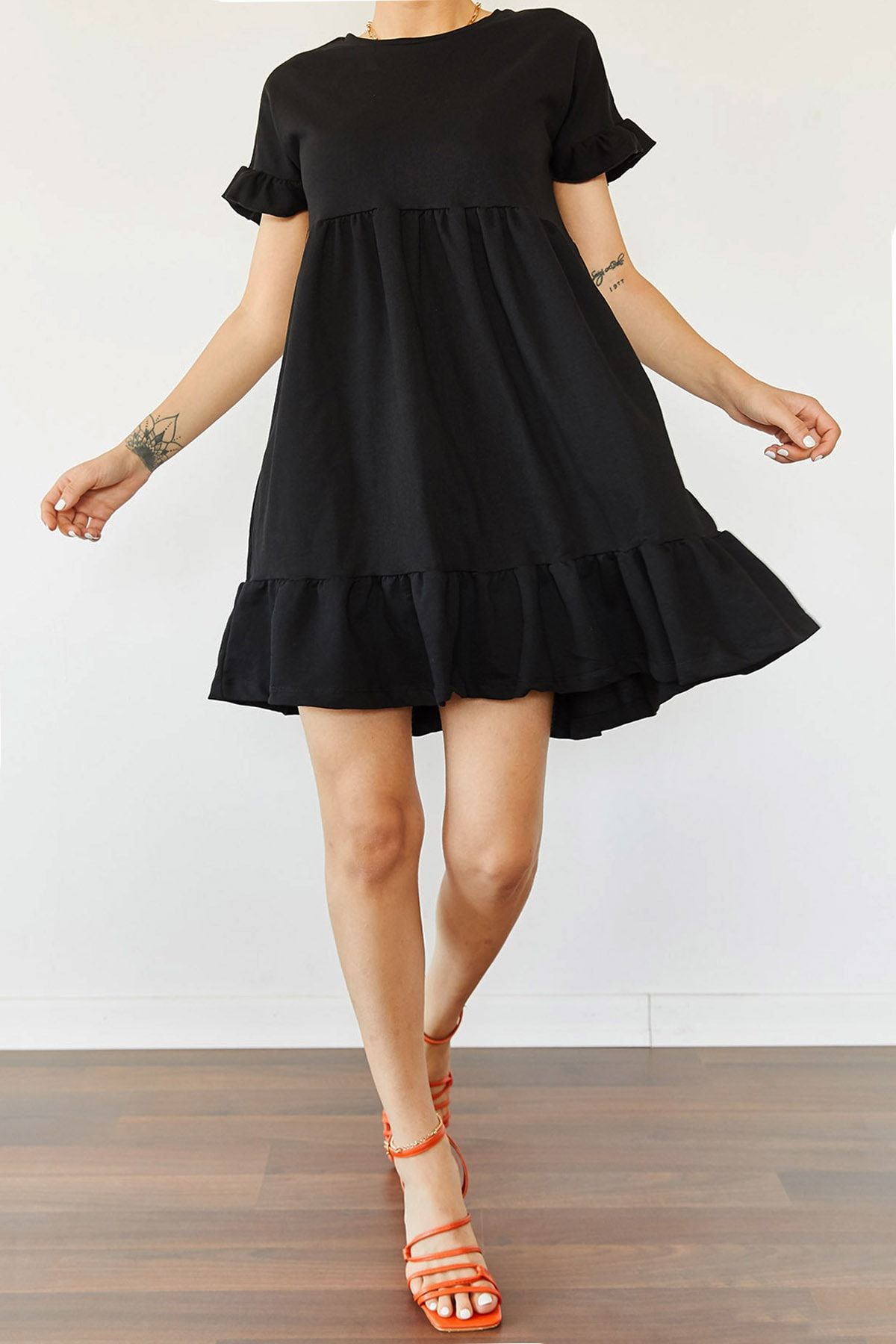 XHAN Kadın Siyah Etek & Kol Ucu Fırfırlı Elbise 0YZK6-10288