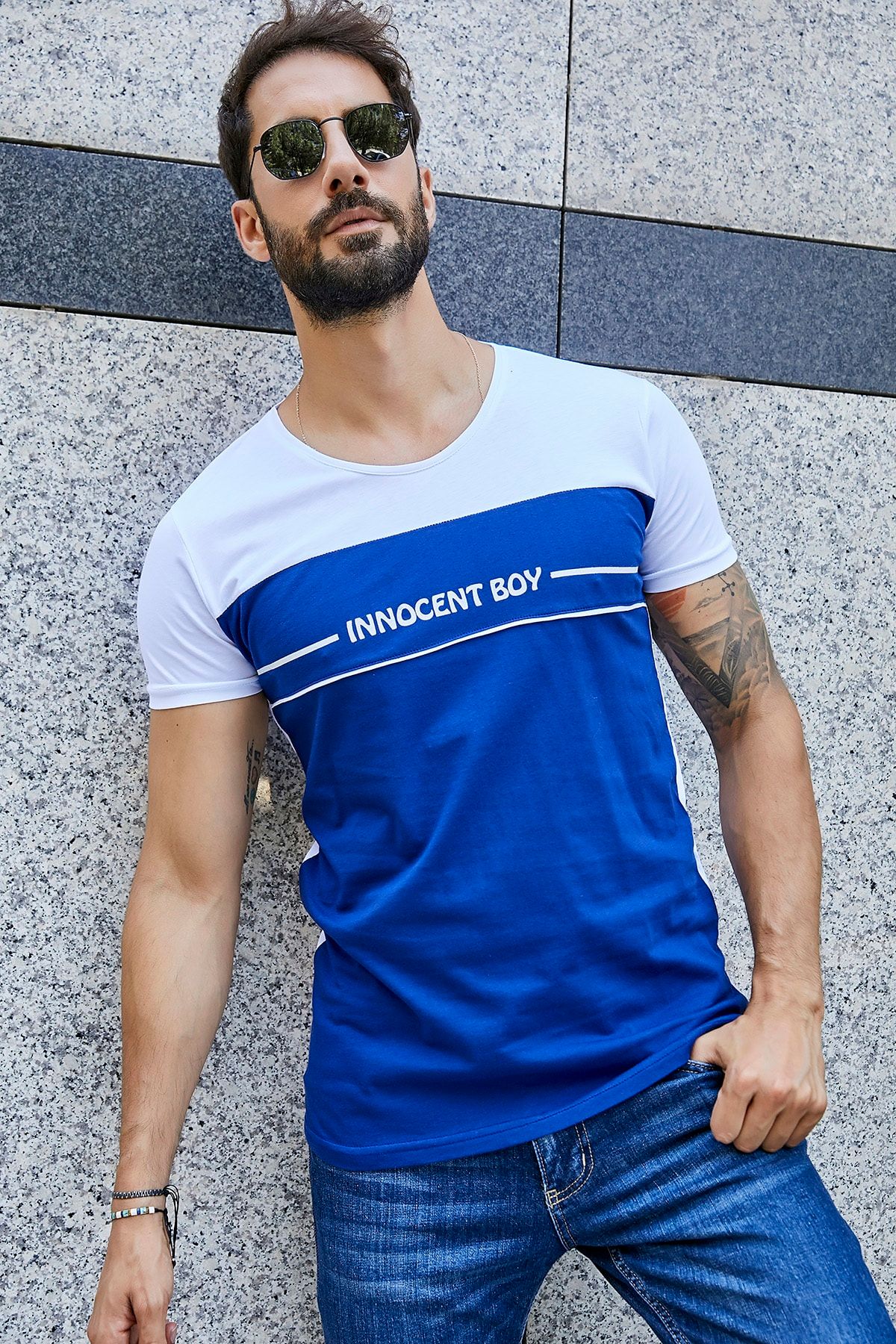 Sateen Men Erkek Beyaz-Sax Mavi Slimfit Yazılı T-Shirt