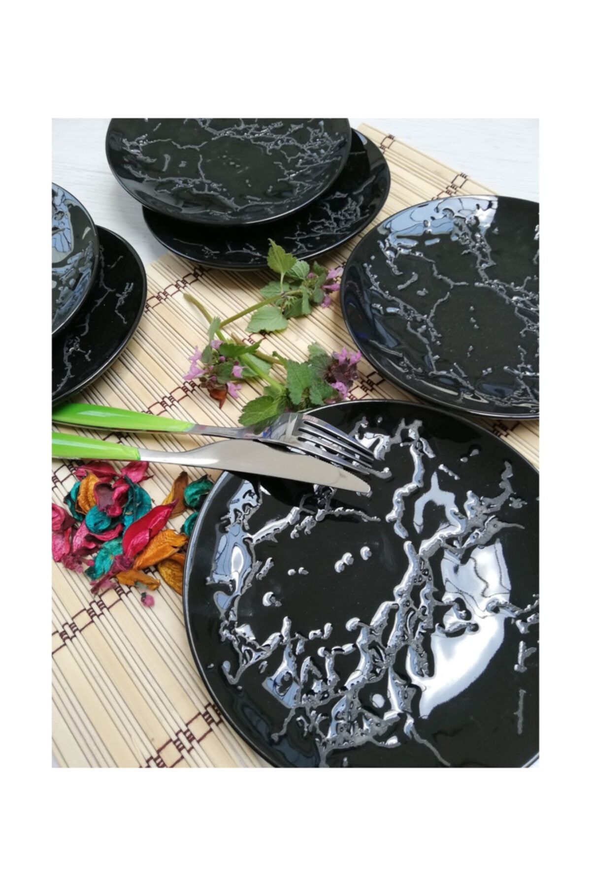Tulü Porselen Servis Tabağı Takımı - Siyah 6 Adet 24 Cm