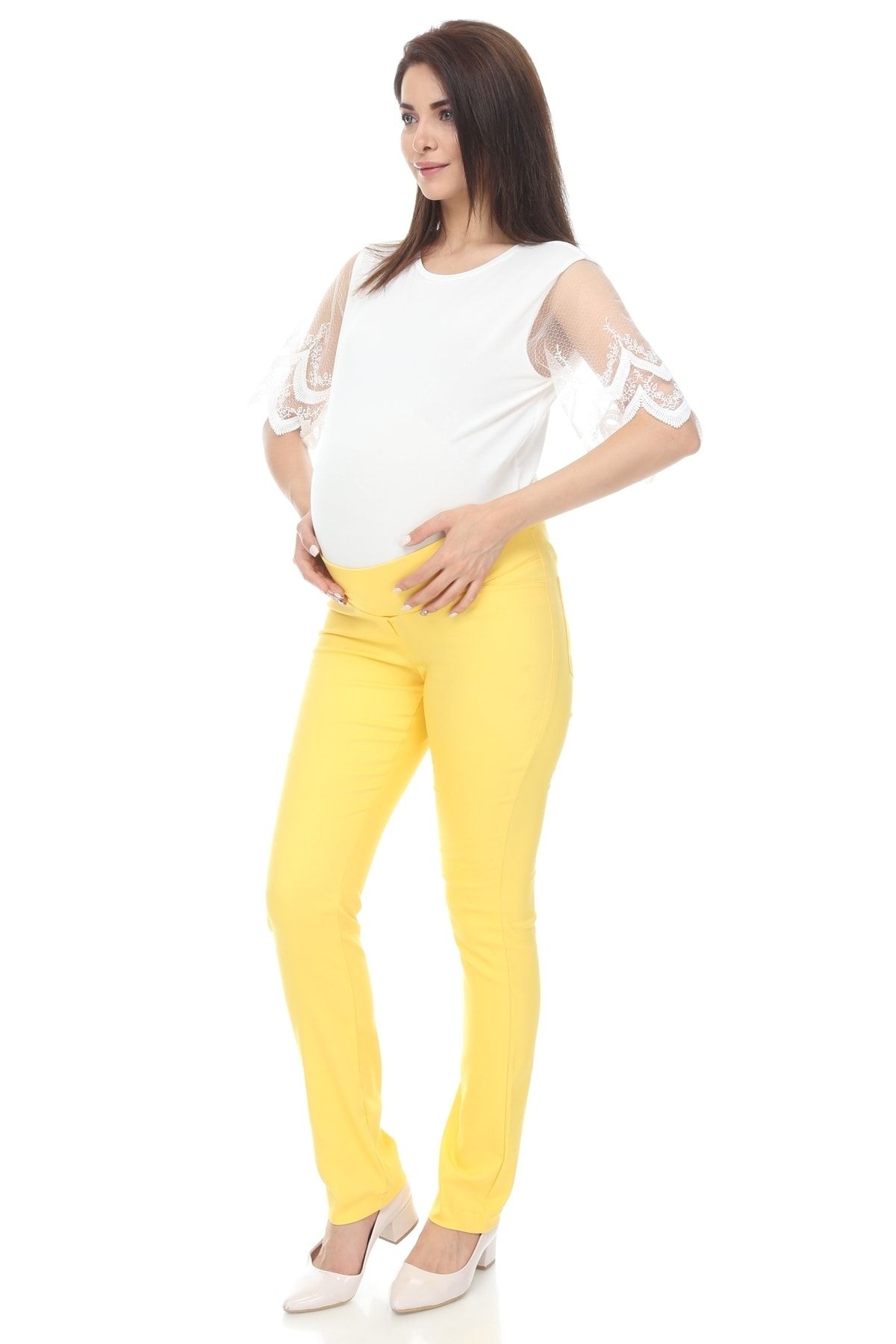 MİMBA Kadın Sarı Yarımbel Dar Paça Kumaş Hamile Pantolonu