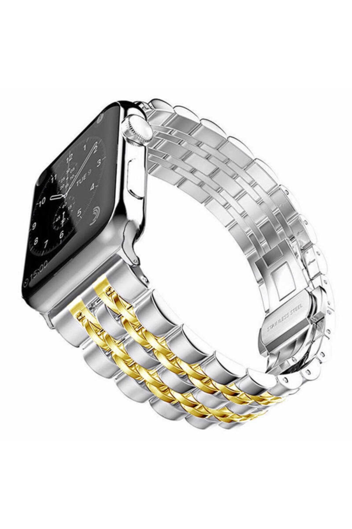 Nezih Case Apple Watch 2 3 4 5 6 Serisi 44 mm Metal Baklalı Saat Kordonu Gold İşlemeli
