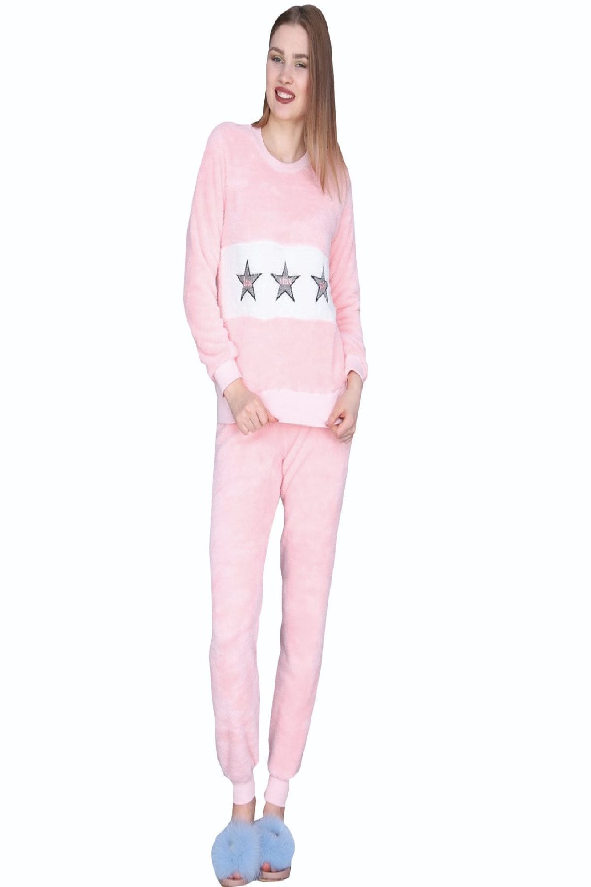 Otantik Kadın Kışlık Uzun Kollu Açık Pembe Welsoft Pijama Takımı