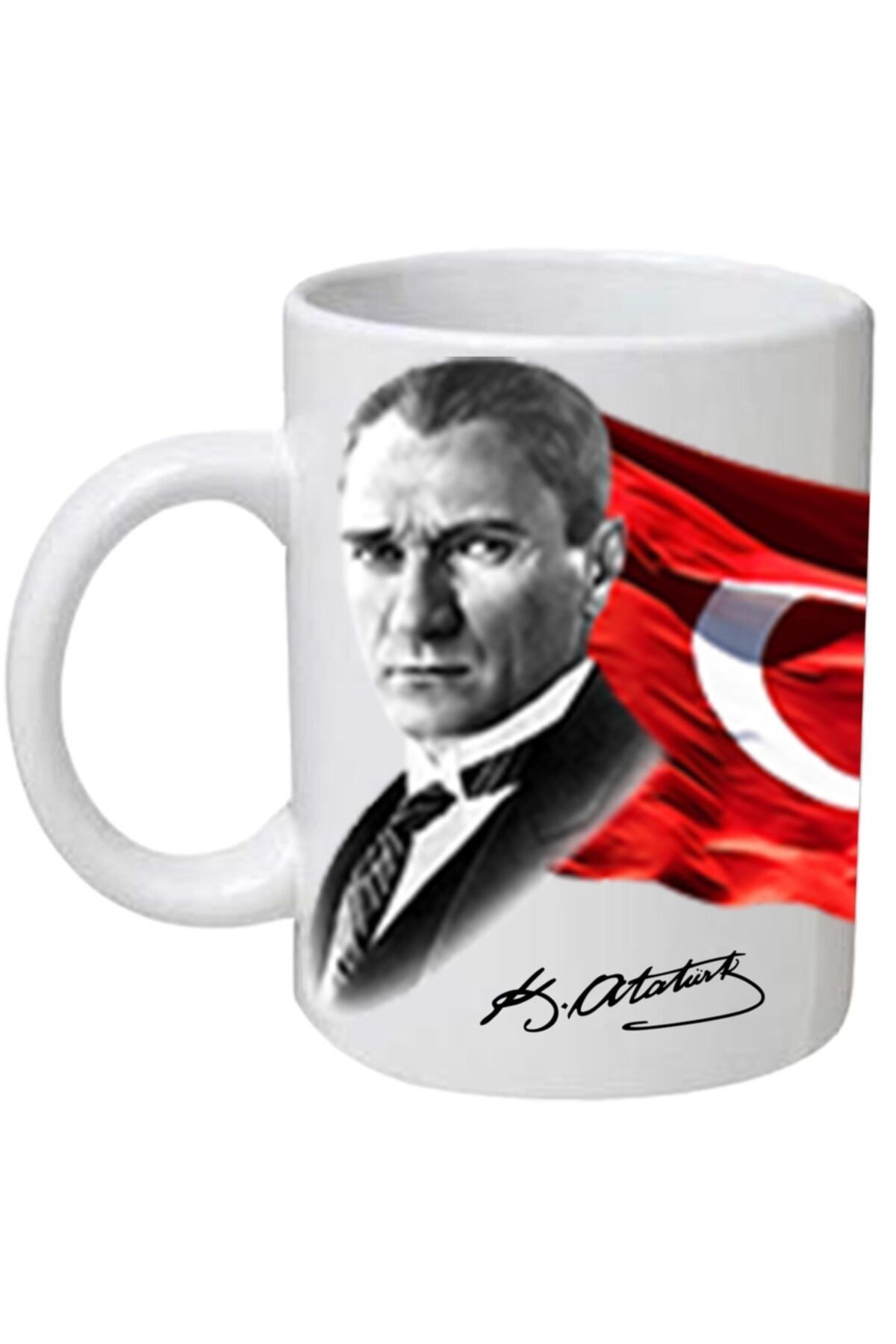 Hediye Panayırı Beyaz Atatürk Temalı Kupa Bardak Model 2 +44 mm Çapında Atatürk Rozeti