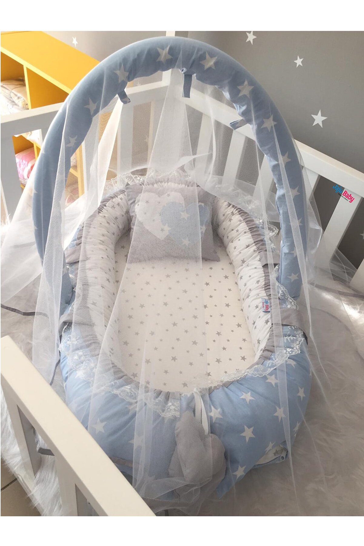 Jaju Baby Nest Mavi -yıldız Desenli Cibinlik Ve Oyuncak Askılı Lüx Tasarım Jaju-babynest