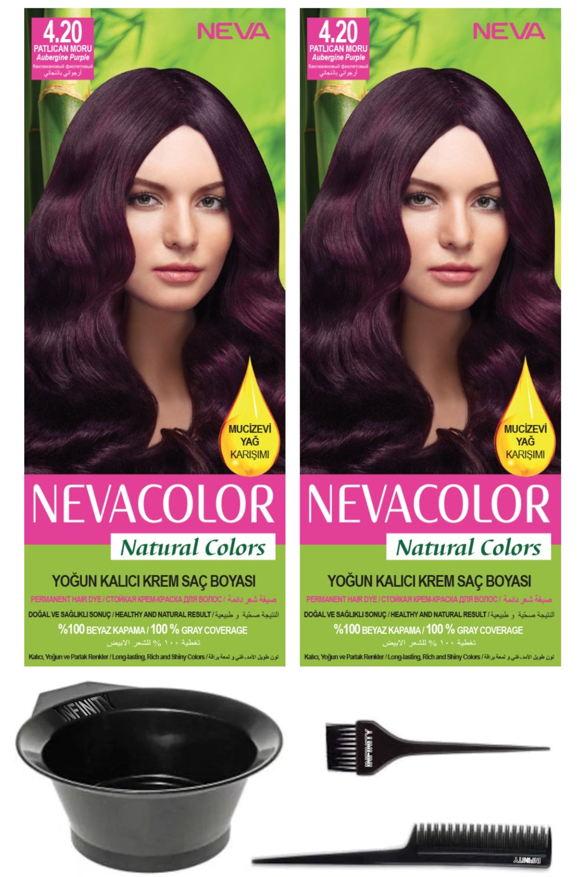 Neva Color 2’li Natural Colors 4.20 Patlıcan Moru - Kalıcı Krem Saç Boyası Ve Saç Boyama Seti 7681655542871