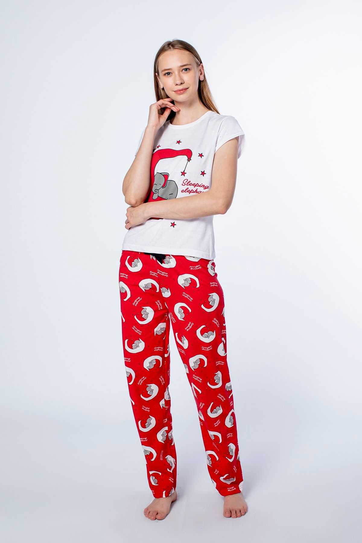 MD trend Kadın Kırmızı Beyaz Baskılı Pijama Takımı M / L