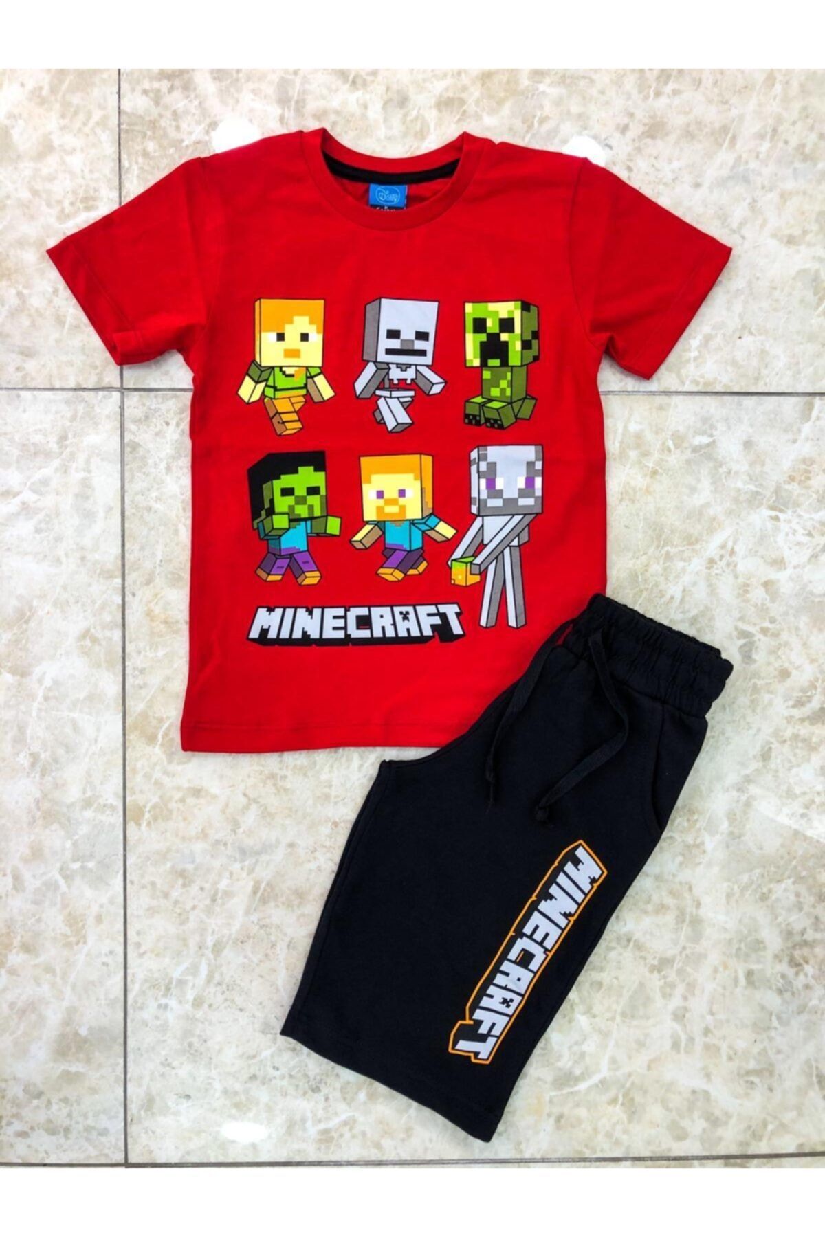 Minecraft Erkek Çocuk Kırmızı Şortlu Takım
