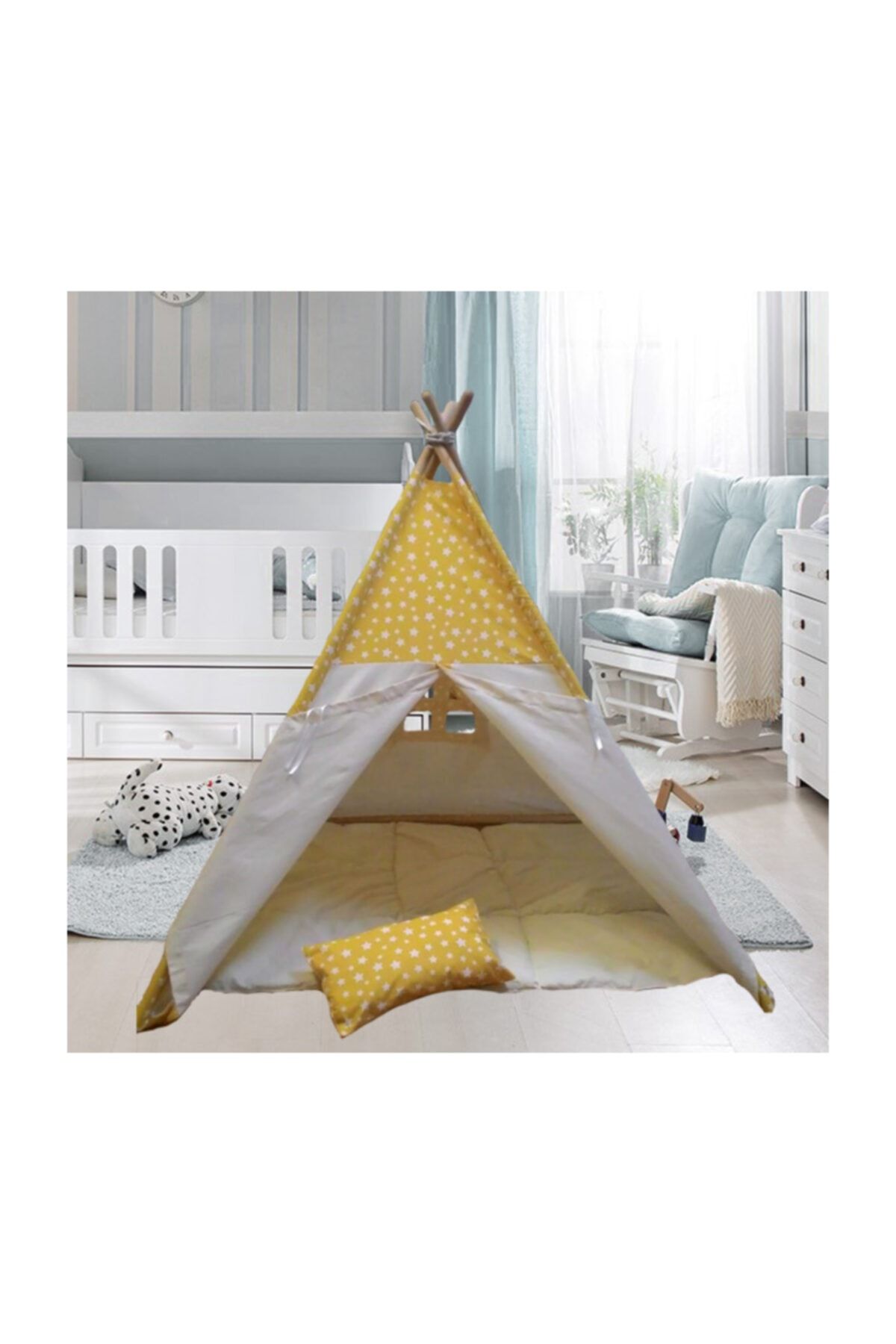 Altev Sarı Yıldız Ahşap Çocuk Çadırı Kızılderili Çadırı Oyun Evi Oyun Çadırı Kamp Çadırı Rüya Ev