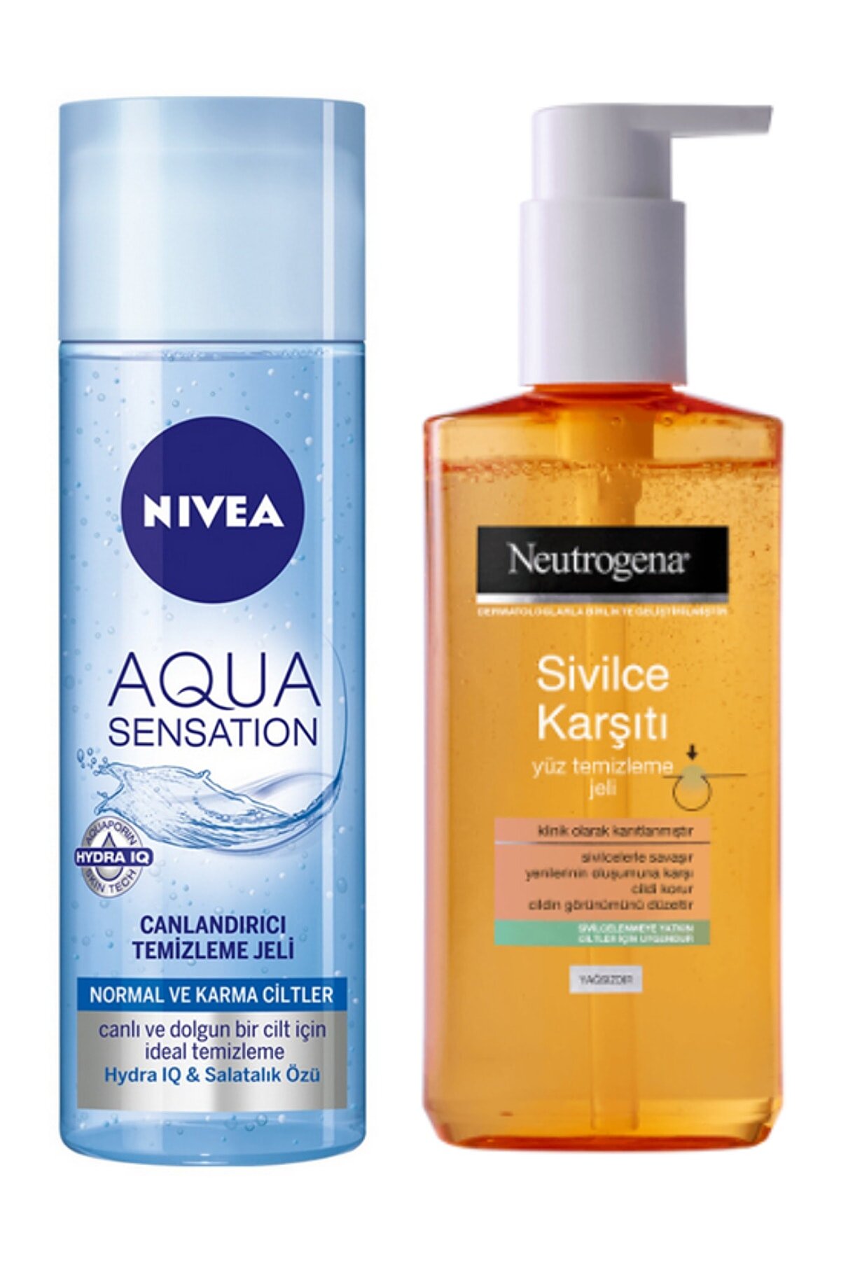 NIVEA Aqua Canlandırıcı Temizleme Jeli 200ml ve Neutrogena Sivilce Karşıtı Yüz Temizleme Jeli 200 ml